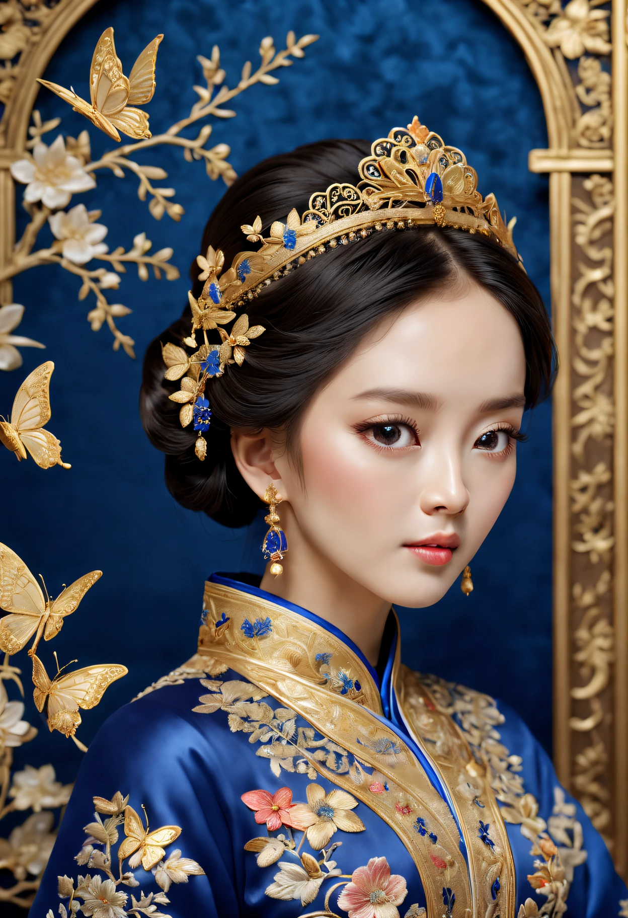 (Princess Ruixiang)、Portrait close-up、embroidery、Rich embroidery details、delicate linework、Pure silk material、Gorgeous patterns and patterns、Delicate needlework、Carefully embroidered flowers、Chinese traditional embroidery techniques、Stunning color combinations、Gorgeous royal blue and gold shades、Sparkling décor,Into the butterfly、Birds and other natural elements,The background is an exquisite palace scene,Soft and soft lighting,The atmosphere is bright and lively,Extraordinary level of reality,A high resolution,Studio lighting with subtle shadows,Perfect combination,Showing meticulous,The attention to detail。(Best quality at best,4K,8K,A high resolution,tmasterpiece:1.2),ultra - detailed,(actual,realisticlying,Photorealistic:1.37)