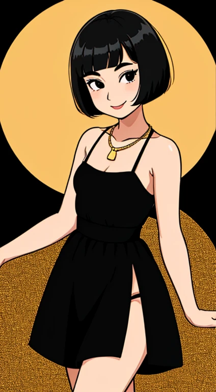 A age woman with short black hair, bob hair, round face, round face with charming smile, and black eyes, Straight Gaze, little black dress, golden necklace, 90s abstract background, flat color, 2D art, beautiful, masterpiece