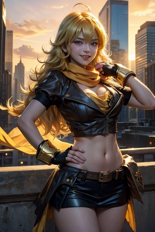 (masterpiece, best quality:1.2), cowboy shot, solo, 1girl, yang xiao long, grin, ahoge, purple eyes, yellow t-shirt, black skirt, black fingerless gloves, orange scarf, midriff, cleavage, large breasts, cityscape background