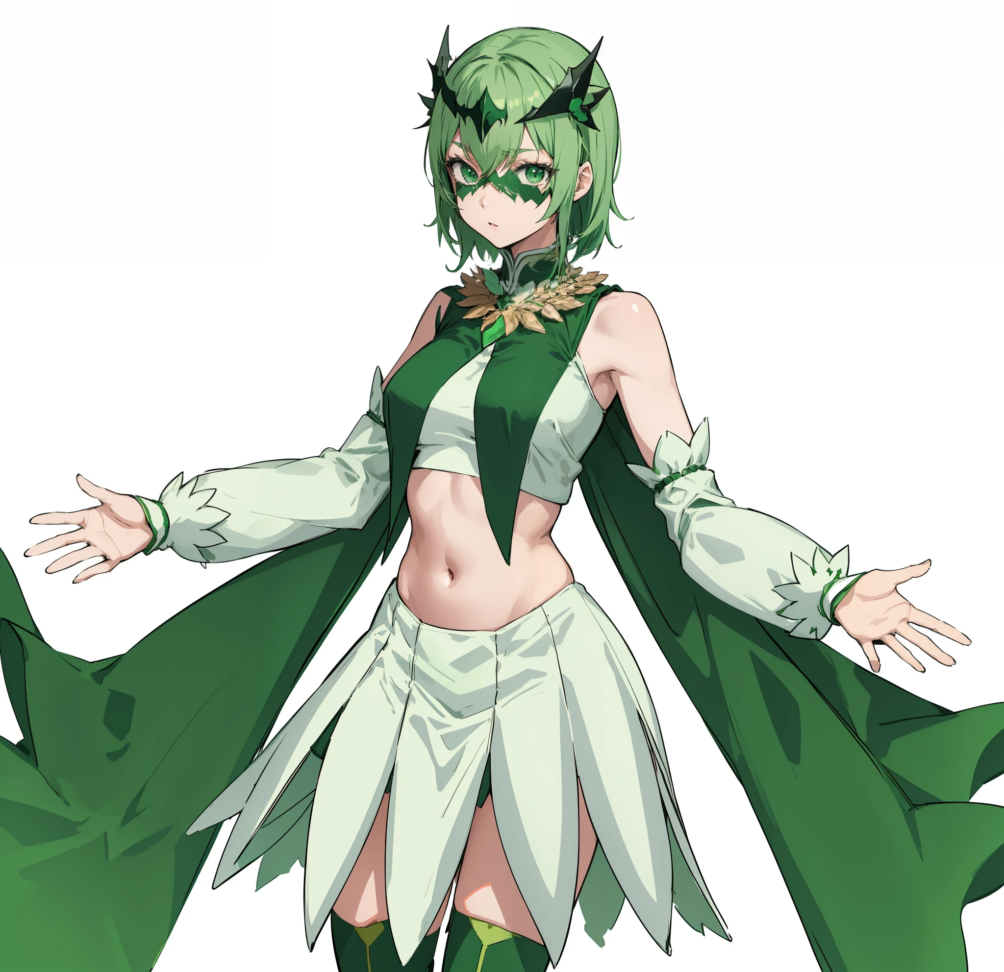 anime character dressed in a green and white outfit and cape, rogue anime girl, anime woman,  humanoid flora, anime character, female action anime girl,