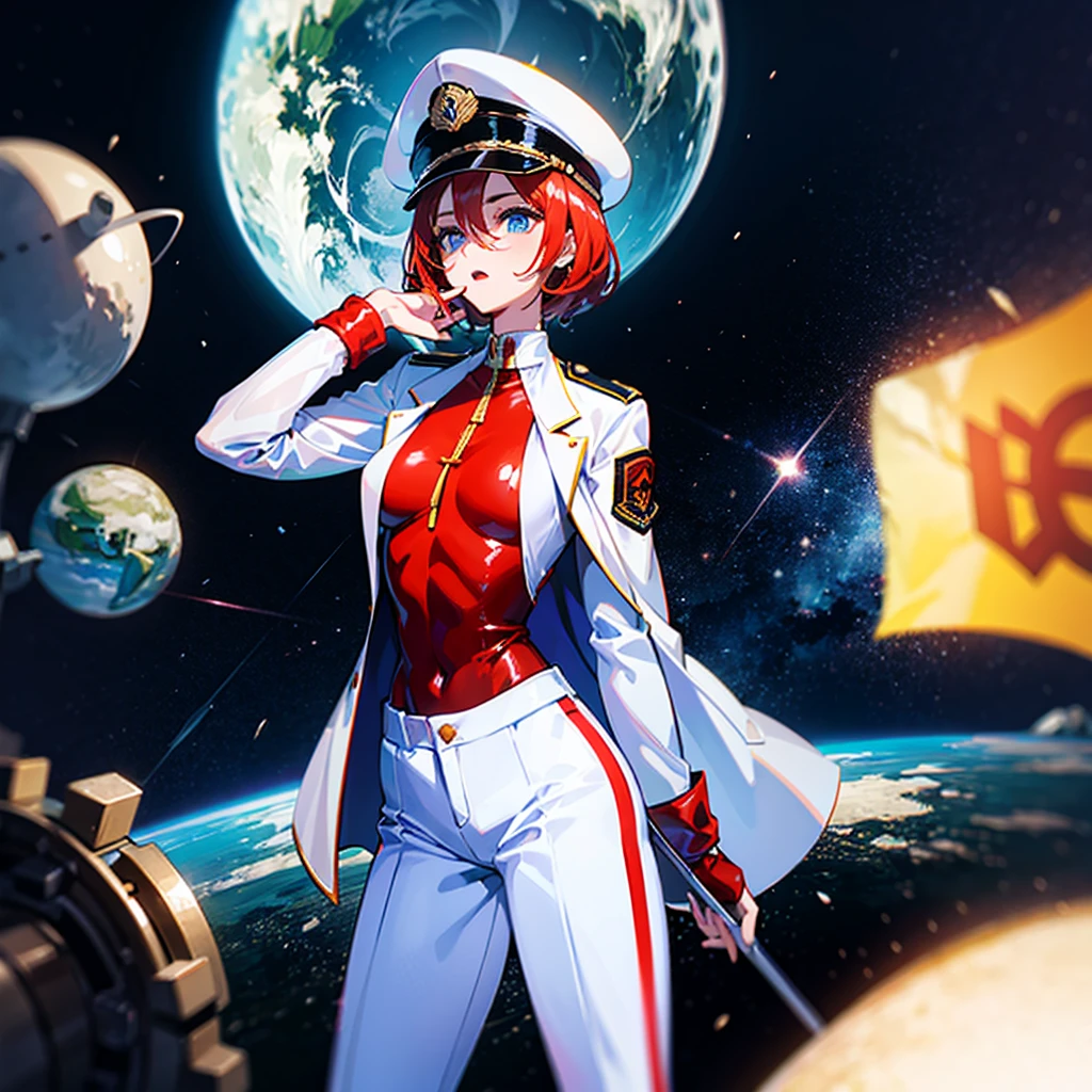 (((masterpiece)))、(((Top image quality)))、(((top-quality)))、(Illustration of one woman)、30-years old、(Viceroy)、((Red-haired shorthair))、(Thin hair hanging down both sides of the face)、Blue eyes、((Tall))、((Muscle Woman、stocky build、muscular legs、broad shoulders、solid chest))、((Military uniforms))、((Military Cap))、((Military coat))、(white clothes)、(White pants)、(White cap)、trench coat、((Inside the spaceship))、(Outside the window、kosmos、Earth seen from space、Spaceport)