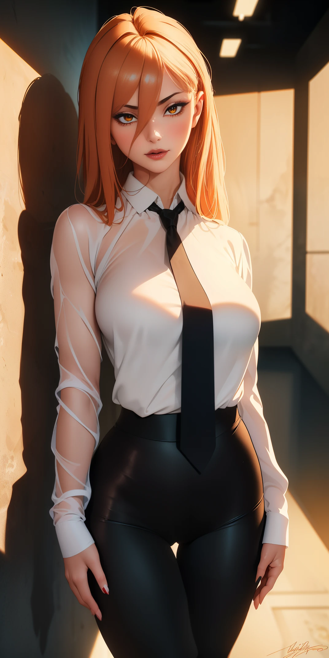 Medium and round breasts, she is a beautiful woman ((Power)), (detailed, shiny hair), double eyelids, eyes, and detailed, hyper detailed, light effect on the eyes, detailed iris, shaped pupil cross +, sensual body, ((white blouse under a black long-sleeved t-shirt, a dark tie, black pants, delicate, beautiful)) ((masterpiece, hyper realistic, hyper detailed, best quality, 16k, light and shadow on the skin, vivid colors) ), eyeliner, sensual expression, perfect lips, innocent and sexy face, ((skin with light and shadow), beautifully seductive and embarrassed woman, passionate, calm ((Power is beautiful, skin little whitish)), flirting with the viewer, beautiful, charming, (pose of superiority, in the office corridor)