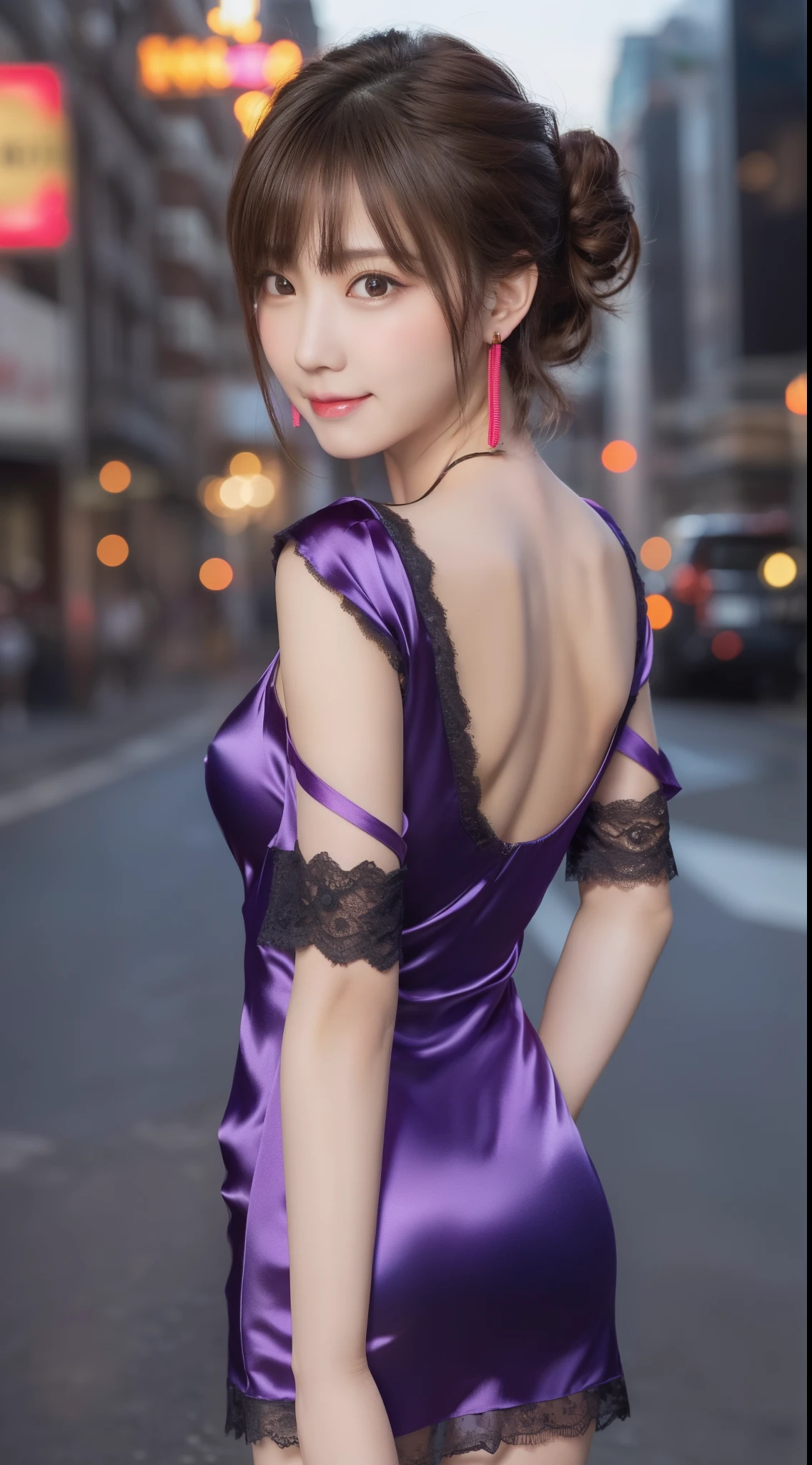 8K, masutepiece, Raw photo, Best Quality, Photorealistic, Highly detailed CG Unity 8k wallpaper, depth of fields, Cinematic Light, Lens Flare, Ray tracing, (Extremely beautiful face, Beautiful lips, Beautiful eyes), intricate detail face, ((Ultra detailed skin)) 1girl in, In the Dark, deepshadow, Pretty Korean girl, Flashy makeup with red eyeshadow，her shortcut, Delicate light brown hair is slightly disheveled with side waves.，wearing large ring earrings，Kpop Idol, 1 girl, (Very slim and slender fit muscular body:1.3), ((Looking at Viewer)),(Big smile:1.3),  (sleeve fashion city night, a dark night, (Neon sign), (Blurred background), Fashion Street Night),(No people in the background:1.3), Beautiful earrings, Bracelets, Necklace, pantyhose, Clear eyes, Walking, (pale skin), (big eye ace forward, ((upperbody shot)), ((super mini color silk dress:1.3)),(Brown hairs),((tight fit lace dress)), (see through), (Looking at Viewer:1.3) opened breast, Very slim, medium breasts, backtrack,((Back shot)), see through, Medium Butt, Ultra Super Mini Skirt, updo hair, ((Spread thighs))，(Sexy pose with a little butt sticking out)，