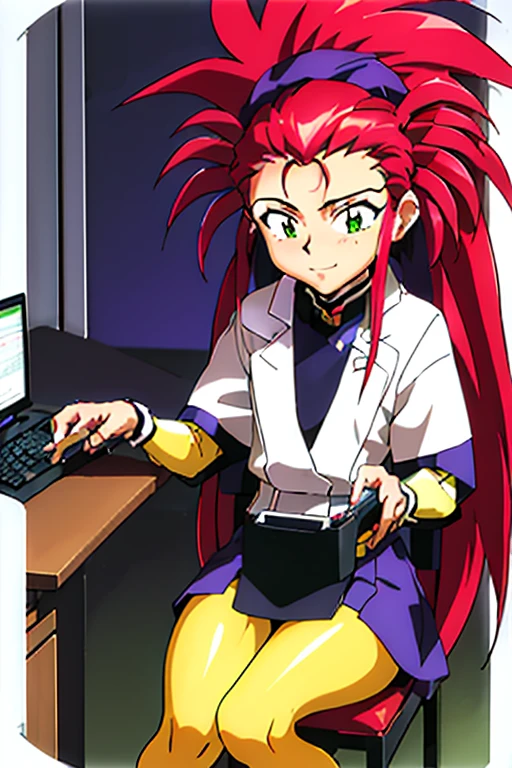 masterpiece, bestquality, high-detail, 1girls, Hakubi Washuu, Seated, computer, laboratory, Interface, advanced technology, high-tech, Fluorescent blue and red panels, green floor light, purple mesh background, Virtual Reality, very long hair, spiked hair, Red-Haired, bestquality