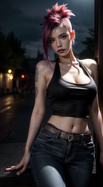 (masterpiece, top quality, best quality, official art, beautiful and aesthetic:1.2), (1girl:1.5) pink hair, ((Mohawk)),Vextremely detailed, portrait, looking at viewer, solo, (full body:0.6), detailed background, close up, mischievous eyes, (cold midnight castle theme:1.1), biker babe, huge lips, charlatan, smirk, mysterious, being seductive by a road side bar on a highway, tank top, blue jeans, massive breasts, cleavage, tattoos, skindentation, slim waist, slim hips, long legs, medieval (highway exterior:1.1) background, nighttime, dark mysterious lighting, shadows, magical atmosphere, dutch angle,