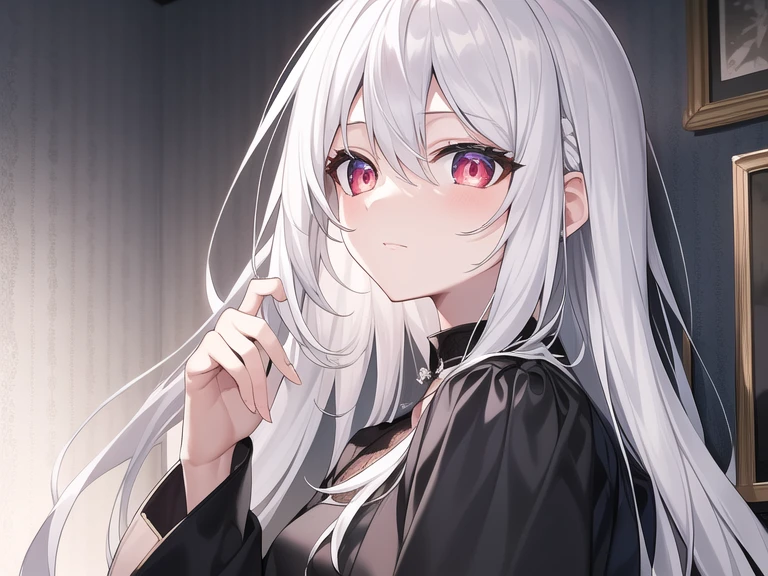 ((tmasterpiece, Best quality))++, detailedlight+, Detail hair+, Detail hands+ ,1 girl, sweetheart, Long gray hair, dark red eye, pretty eyes, Young gray hair,,(beautiful white hair:1.5),(beautidful eyes), A high resolution+, blacksilk , a black skirt, Glass tones, Reflective eyeanyery detail wallpaper, Original, ,