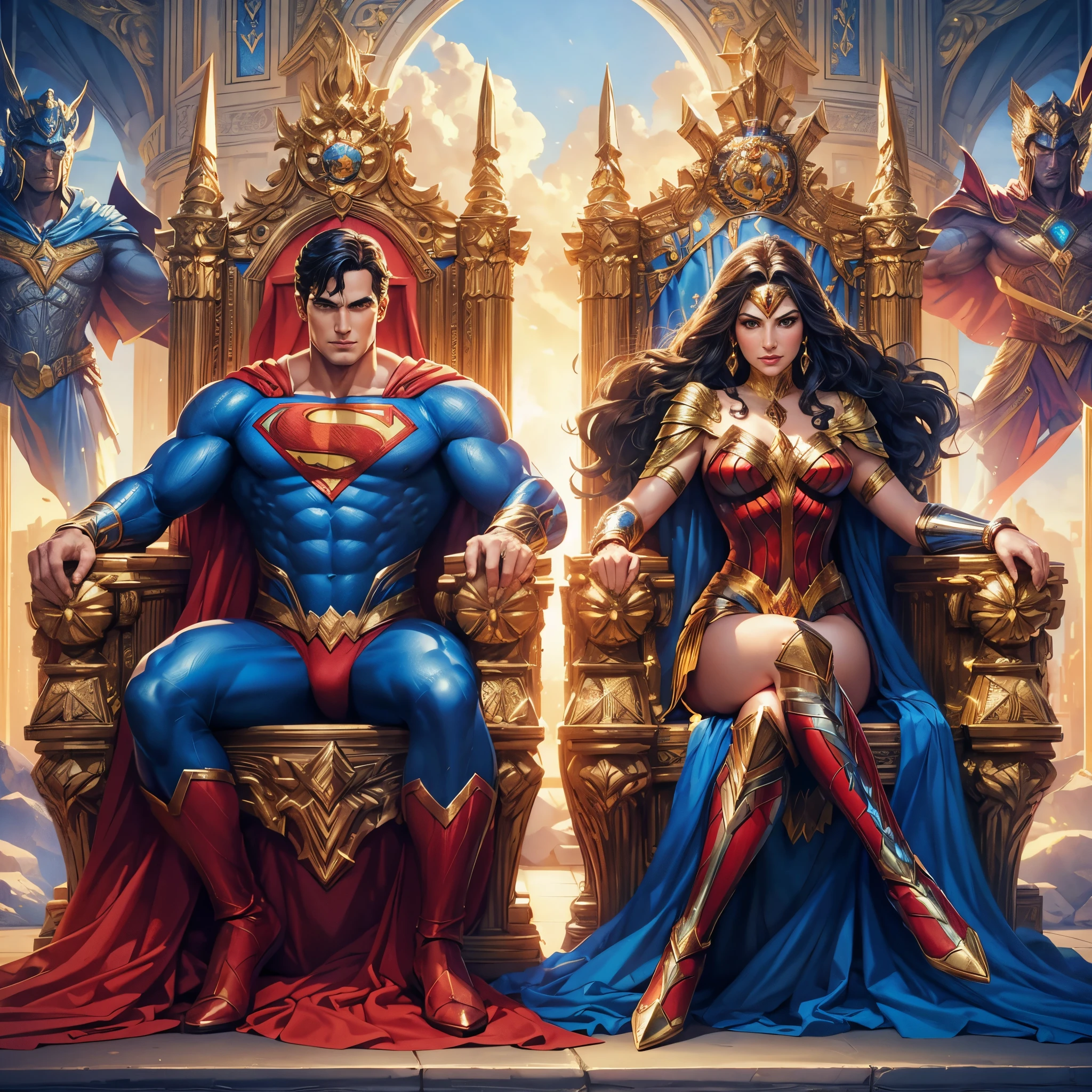 Create a majestic and fantastical illustration of Superman and Wonder Woman seated as regal king and queen on elaborately adorned thrones in a mythical kingdom. Render their superhero costumes with regal embellishments, depict a grand fantasy landscape around them, and capture the powerful yet regal essence of these iconic characters ruling over a realm of wonder and strength