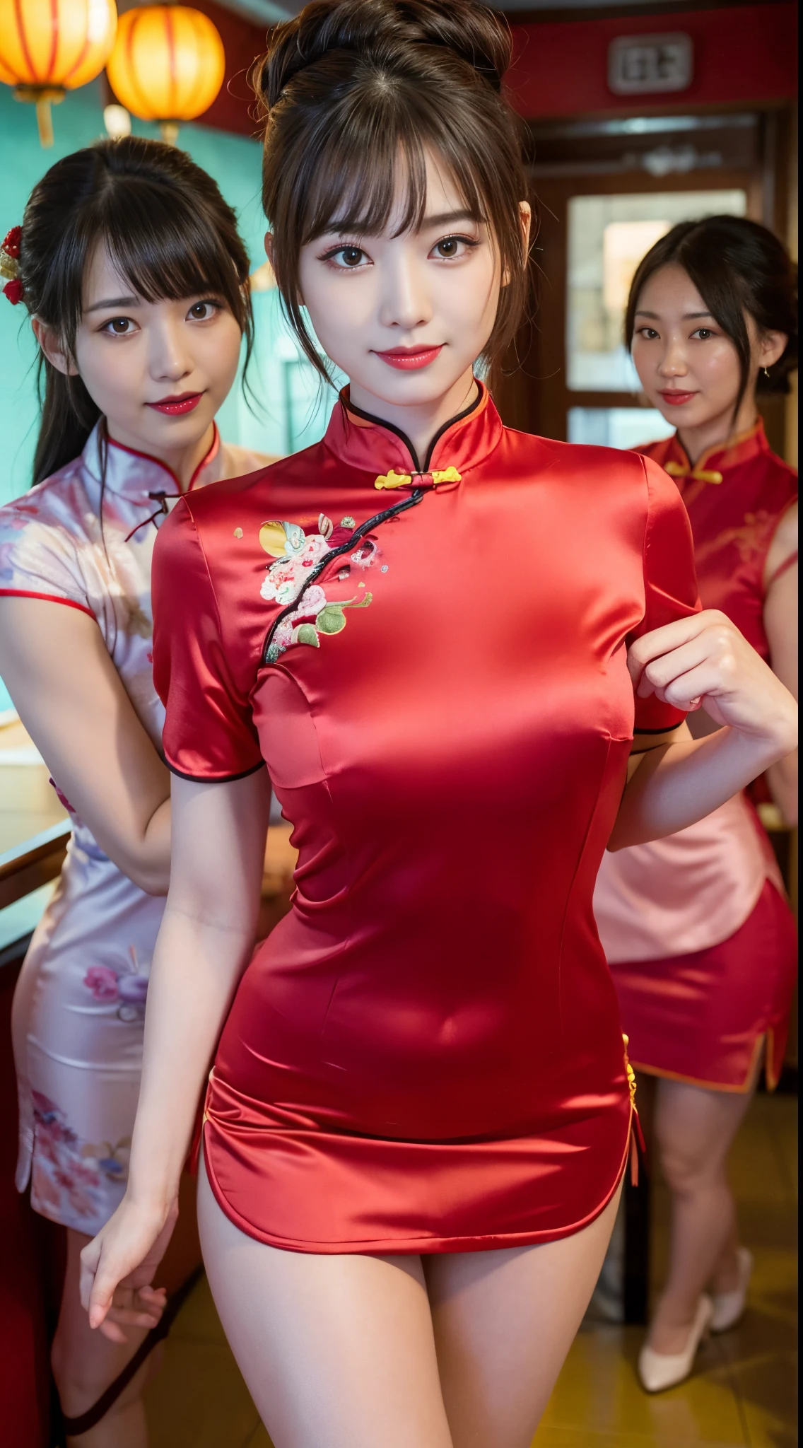 (top-quality、8K、​masterpiece、nffsw:1.2)、Three 19-year-old slender beauties lined up，Flashy makeup with red eyeshadow，二重まぶた，delicate mid-cut ponytail，sexy cheongsam and silk miniskirt，The best smile，She is wearing a sexy short colorful cheongsam。。。，Chinese dress with deep slit，draw hands correctly，The background is the bright interior of a Chinese restaurant....，