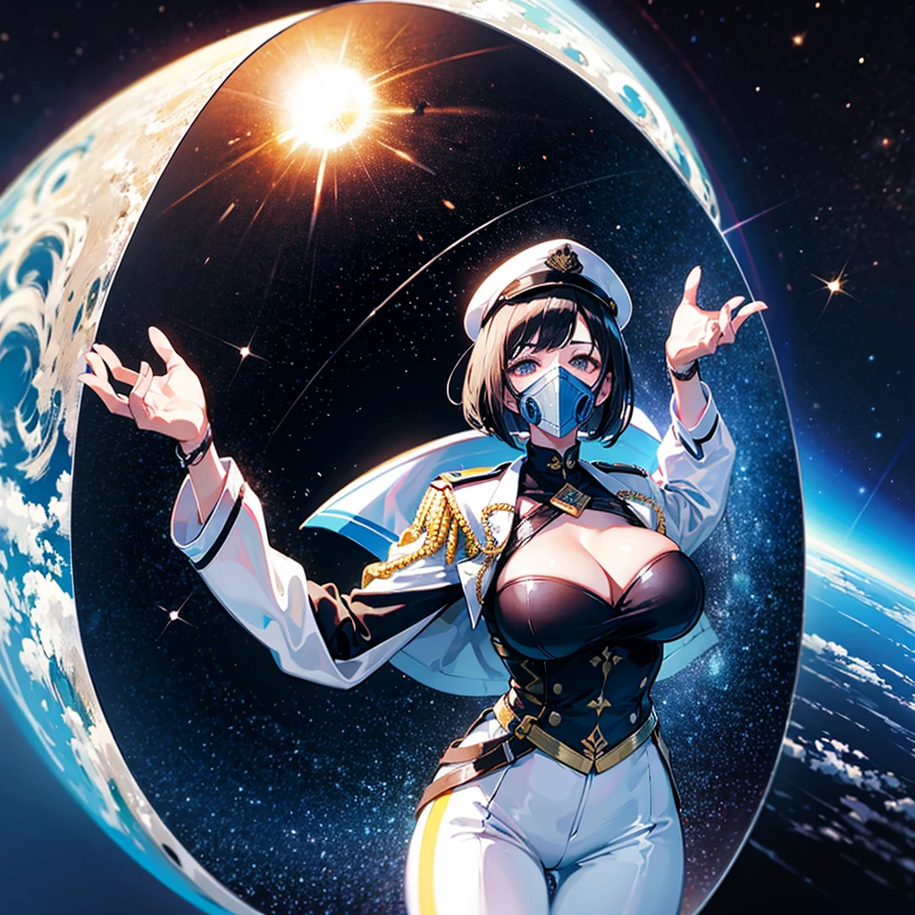 (((masterpiece)))、(((Top image quality)))、(((top-quality)))、(Illustration of one woman)、full bodyesbian、30-years old、(Viceroy)、Black hair bob cut、((Face covering gas mask))、Gray eyes、((Tall))、((huge tit))、((Military uniforms))、((Military Cap))、((Military coat))、(white clothes)、(White pants)、(White cap)、trench coat、((Inside the spaceship))、(Outside the window、kosmos、Earth seen from space、Spaceport)