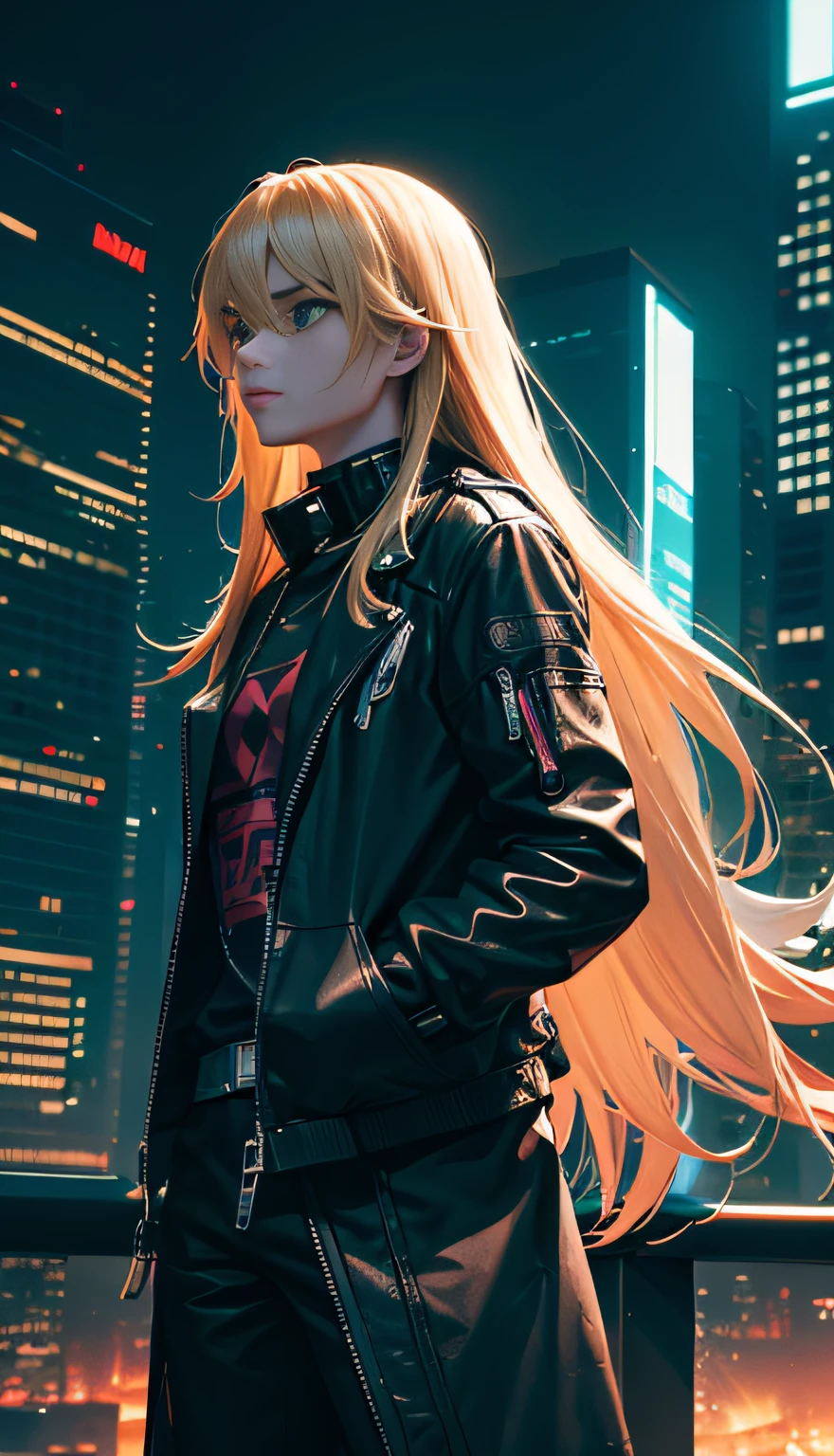 cyberpunk style, high tech, futuristic world, metropolis scene, mechanical transformation, digitalization, augmented reality, social issues, dark/low light effects, neon lights and shadows, dystopia, free will and control, corruption and injustice, technological elements, virtual reality, human-machine fusion, data flow and code, transportation, artificial intelligence, network and information security, masterpiece, ultra-detailed detail, 8K hd, highest quality, drummer, young man with long blonde hair