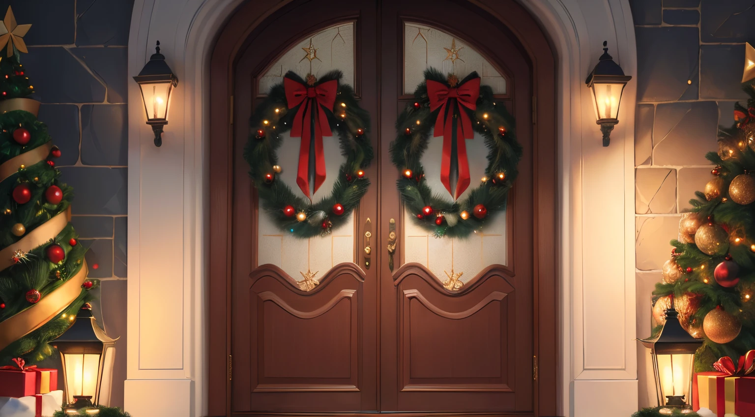 A very elegant christmas door with elegant decorations around, the wall around is all covered with christmas decorations, many decorations, 4k, no type, no tilted view, front view, christmas pattern on wall