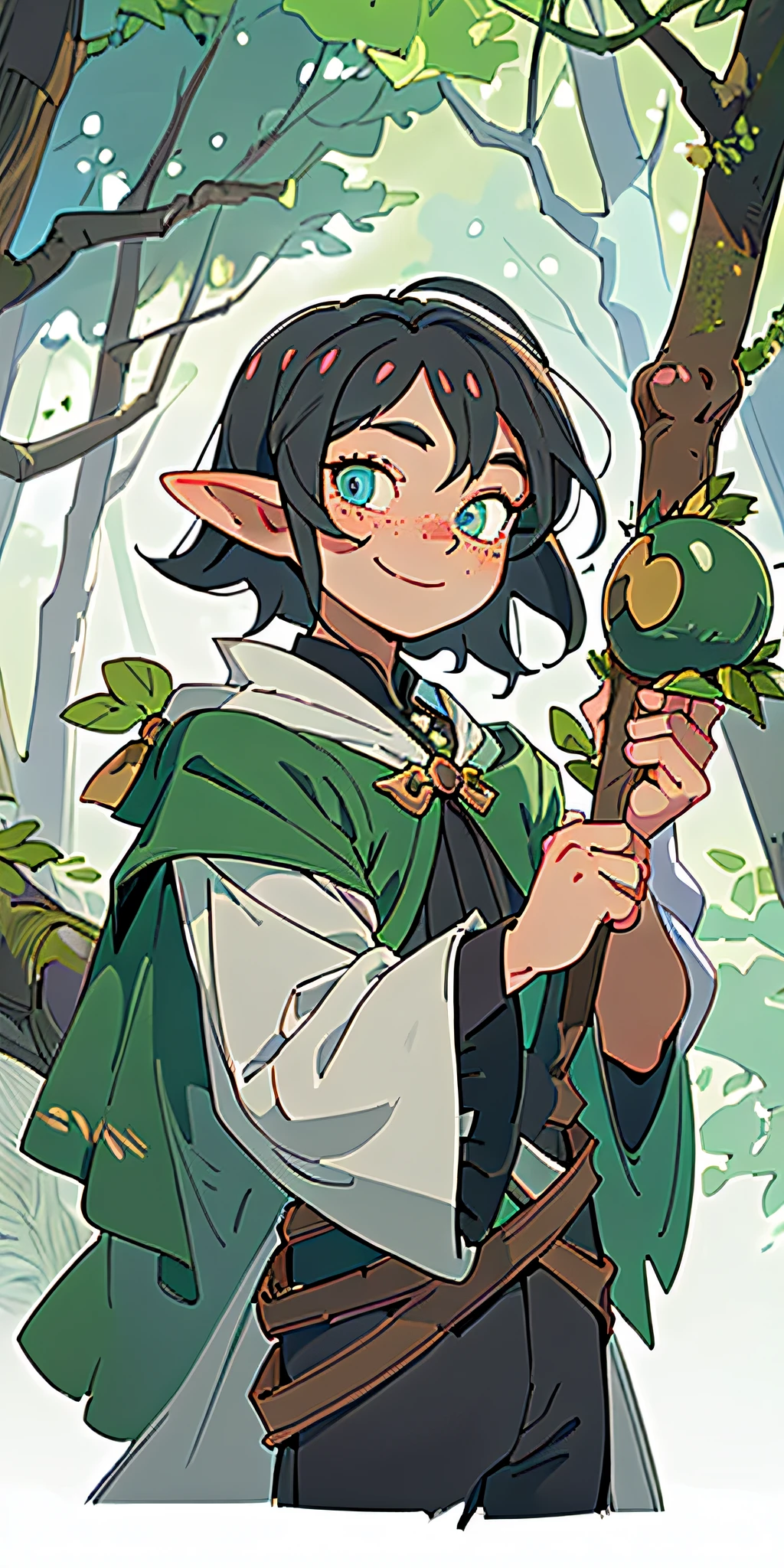 (masterpiece, best quality), 1boy, intricate details, black hair, leaf, short wavy hair, looking at viewer, elf, upper body, forest, frills, freckles, smiling, manly jaw, star eyes, wizard