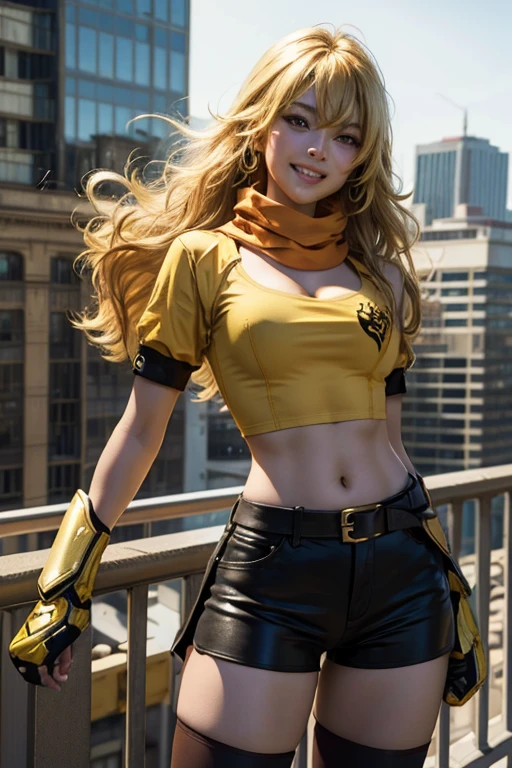 (masterpiece, best quality:1.2), cowboy shot, solo, 1girl, yang xiao long, grin, ahoge, purple eyes, yellow t-shirt, black skirt, pantyhose boots, black fingerless gloves, orange scarf, midriff, cleavage, large breasts, standing on balcony, cityscape background