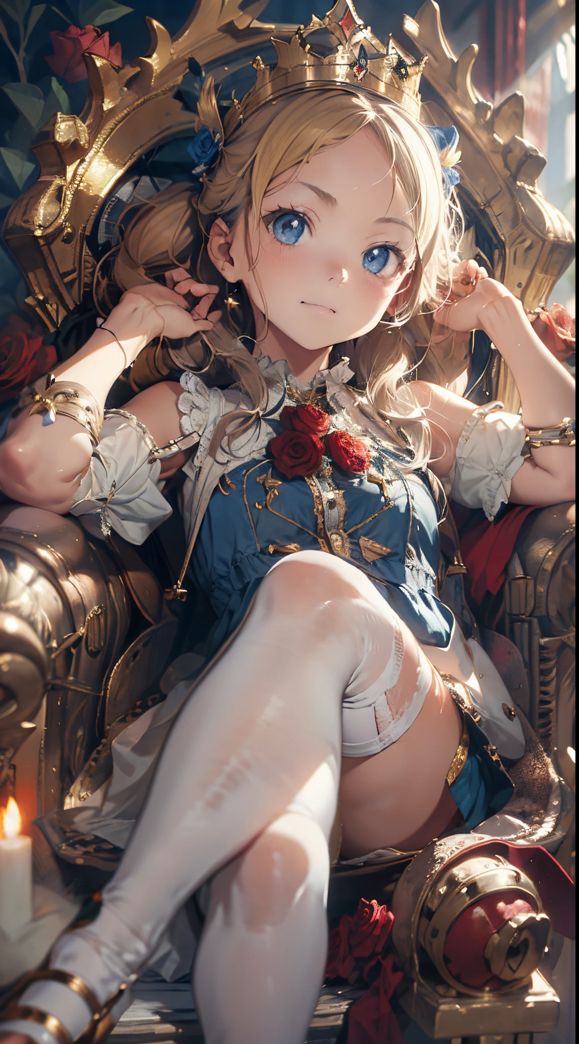 (best image quality, masterpiece:1.2), (super detail drawing), NSFW, (very cute little princess:1.3), (1 girl:1), alone, (shot from below) ,(Condescending look) NSFW, gorgeous queen dress, sitting on the throne chair, queen&#39;s crown, show panties, full body, round baby face, ( Blonde short-cut hair), armpit, (white thigh high pantyhose:1.2), evil smile, mean face, female brat smile, luxury palace room, fancy room,, spread your legs, beautiful feet, showing the soles of the feet、(Realistic Mekosuji:1.3)、(fresh cameltoe:1.4)、(natural life size)、(cameltoe through panties:1.3),(realistic panties:1.3)、(clear visible panties:1.2)