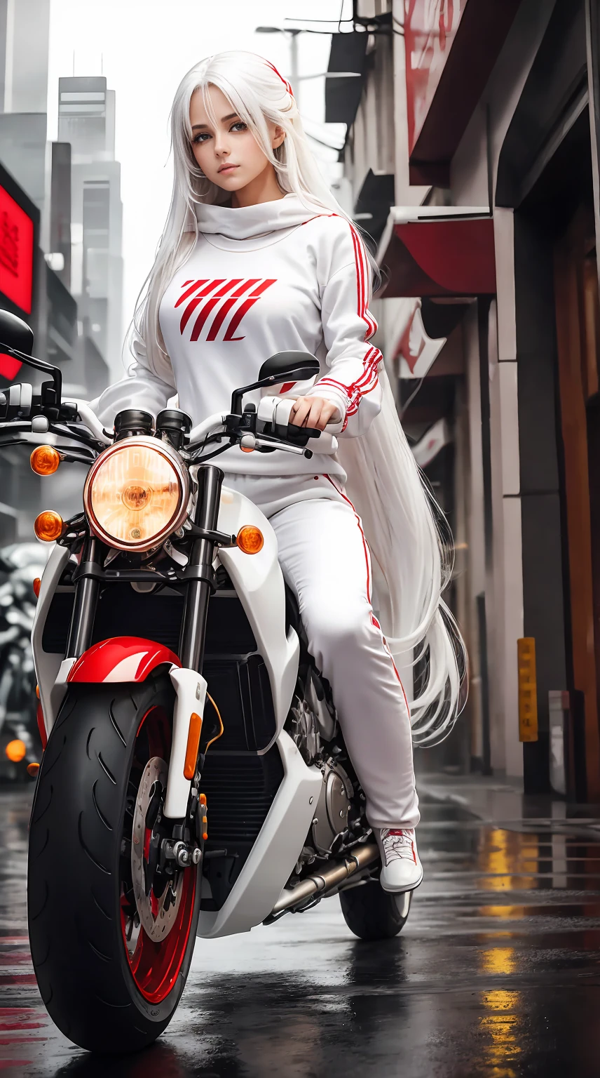 sleeve, wallpaper, hd, beautiful image, woman, long straight white hair, big brown eyes, riding a motorcycle, white clothes with red detail, white sweatshirt, white pants, black shoes, facing, big rainy city