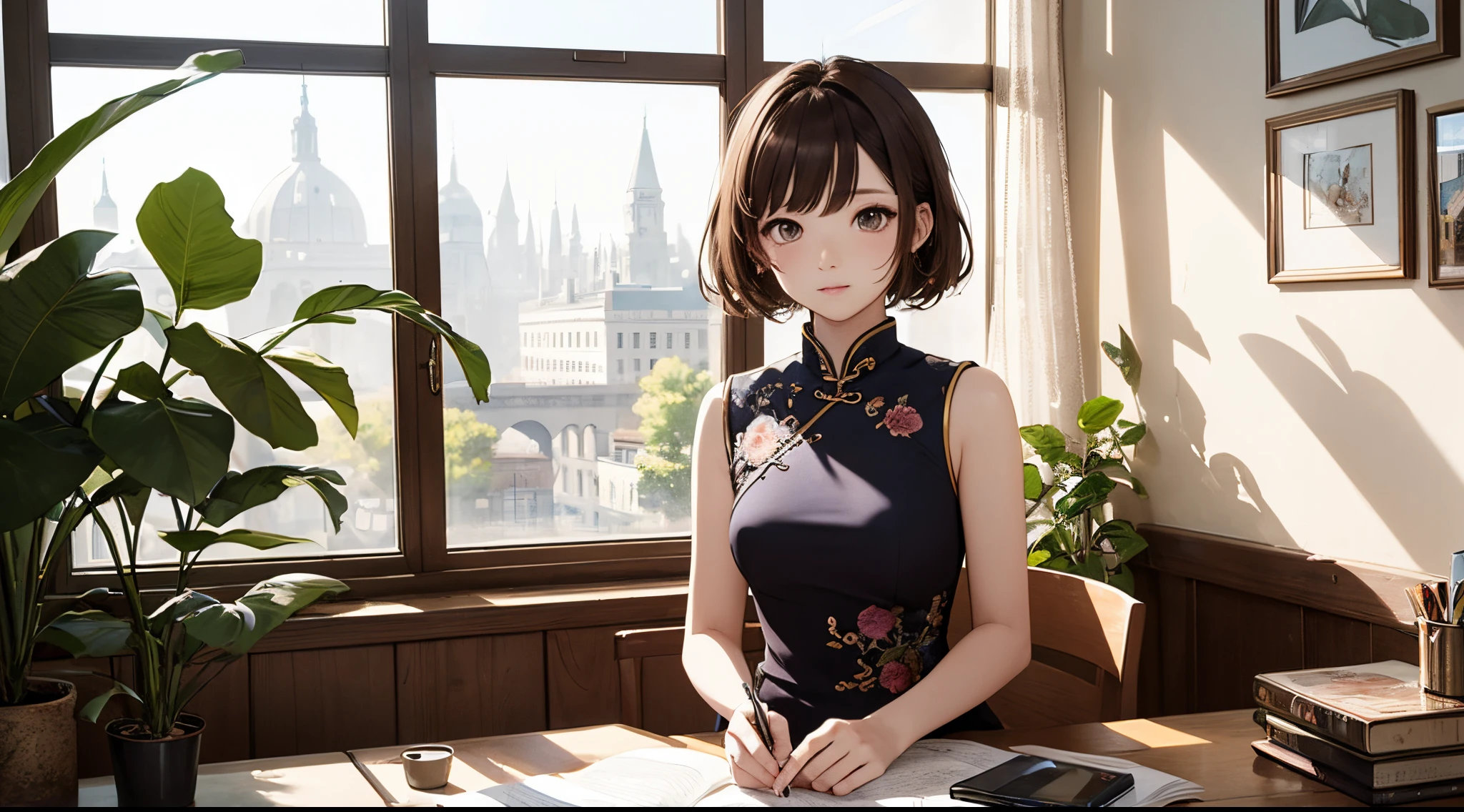 Illustration design, The characters are delicate, window, form, Brown hair, largeeyes, Long cheongsam