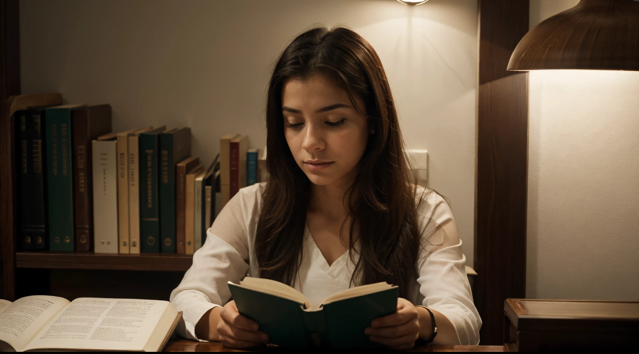 Por favor, create a maximum quality image with advanced levels of detail and cinematic style. Na cena, destaque uma pessoa sentada em um banco, imersa na leitura de um livro. Focus on the details of facial expressions, posture and gestures related to reading. Use lighting that enhances the calm, introspective atmosphere, com sombras suaves e destaque para o livro. The color palette should be chosen to convey a feeling of serenity and concentration.. Make sure you capture the unique essence of the moment, emphasizing the connection between the person and reading, creating a visually engaging and aesthetically pleasing composition.
