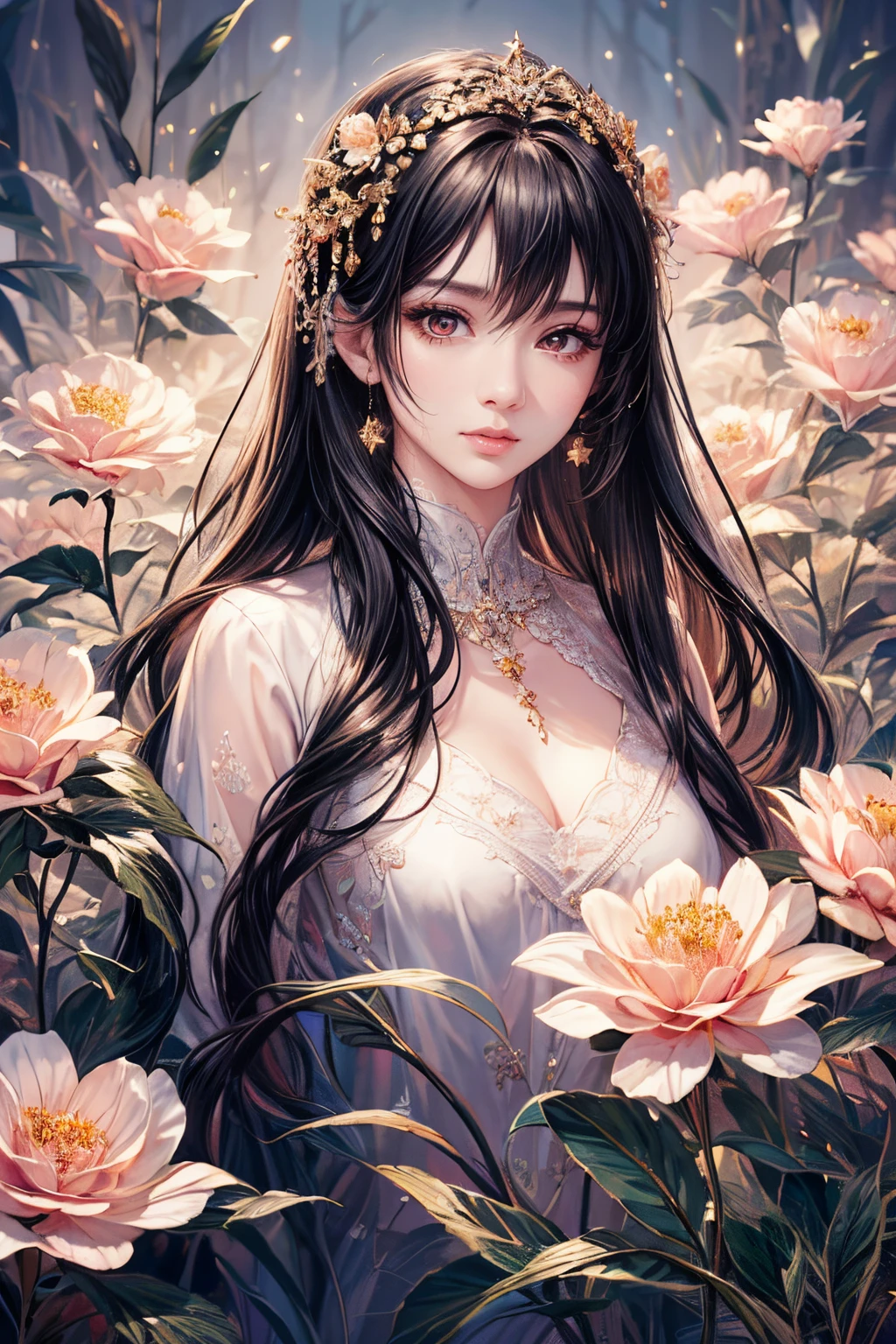 (best quality,8k,CG), detailed upper body, lonely girl, floral forest background, detailed facial features, elegant black long hair, almond-shaped red eyes, detailed eye makeup, long fluttering eyelashes, twinkling stars, intricate lip details, soft and harmonious style.