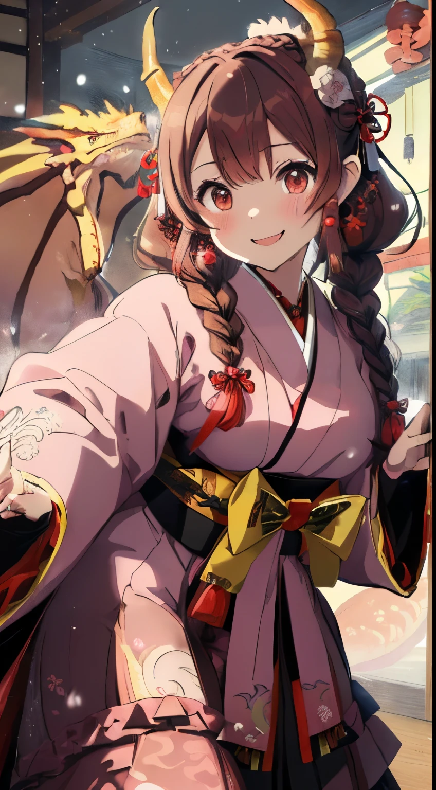 ((Brown hair)),((Braided shorthair)),((With black eyes)),Slight red tide,(Japanese style ta clothes:1.5),(Komono:1.25),(fluffy cloak),(stylish five finger gloves:1.2),(Ruffled ornament:1.25),(Accessories and hair ornaments with flower motifs),(Usamimi:1.7),(Watch with a smile),(active movement:1.25),It's snowing a little,(The color of the clothes is pink, Nero, Light purple, and yellow..),Kamimei,(Illustration of an oversized dragon in the background:1.5),(Lots of frills)