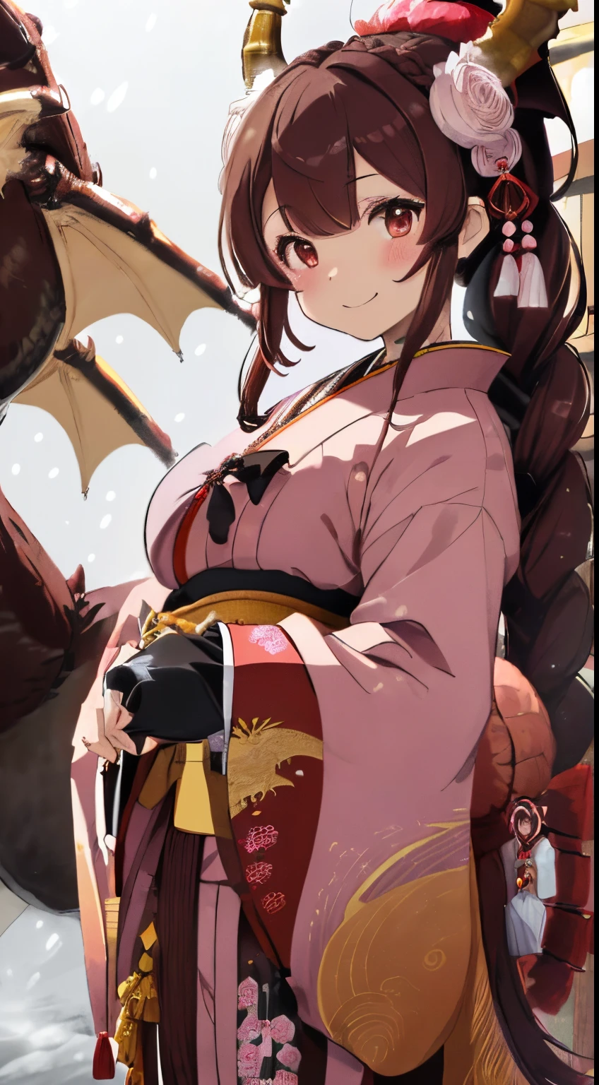 ((Brown hair)),((Braided shorthair)),((With black eyes)),Slight red tide,(Japanese style lolita clothes:1.5),(Komono:1.25),(fluffy cloak),(stylish five finger gloves:1.2),(Ruffled ornament:1.25),(Accessories and hair ornaments with flower motifs),(Usamimi:1.7),(Watch with a smile),(active movement:1.25),It's snowing a little,(The color of the clothes is pink, Nero, Light purple, and yellow..),Kamimei,(Illustration of an oversized dragon in the background:1.5),(Lots of frills)