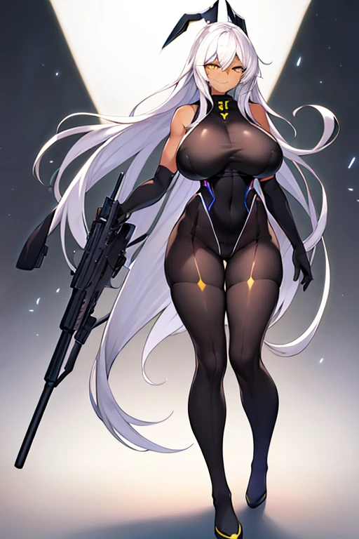 1girl, dark-skinned female, dark skin, white hair, long hair, large breasts, breasts, wide hips, yellow eyes, smile, smirk, smug, bodysuit, black bodysuit, white trim, sleeveless, black pantyhose, pantyhose, white neon trim, neon trim, futuristic, tech, science-fiction, machinery, full body, ((full body)),