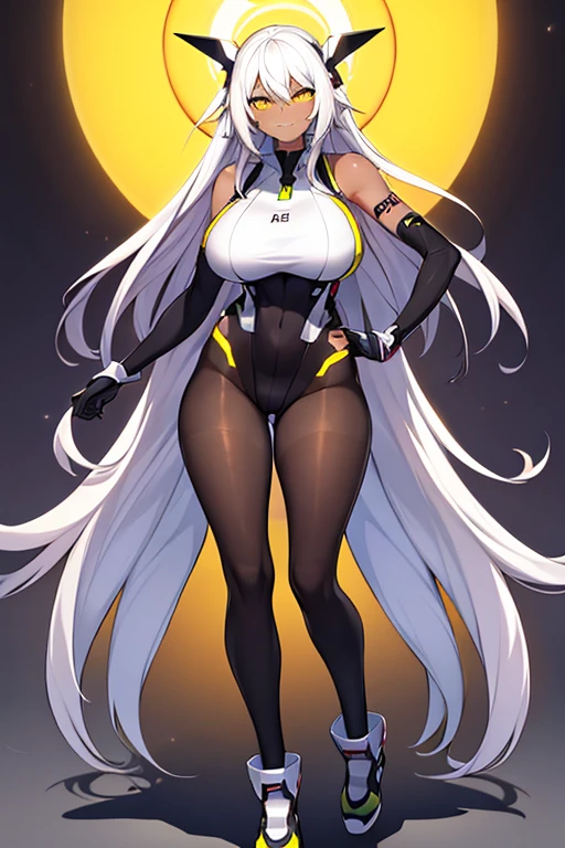 1girl, dark-skinned female, dark skin, white hair, long hair, large breasts, breasts, wide hips, yellow eyes, smile, smirk, smug, bodysuit, black bodysuit, white trim, sleeveless, black pantyhose, pantyhose, white neon trim, neon trim, futuristic, tech, science-fiction, machinery, full body, ((full body)),