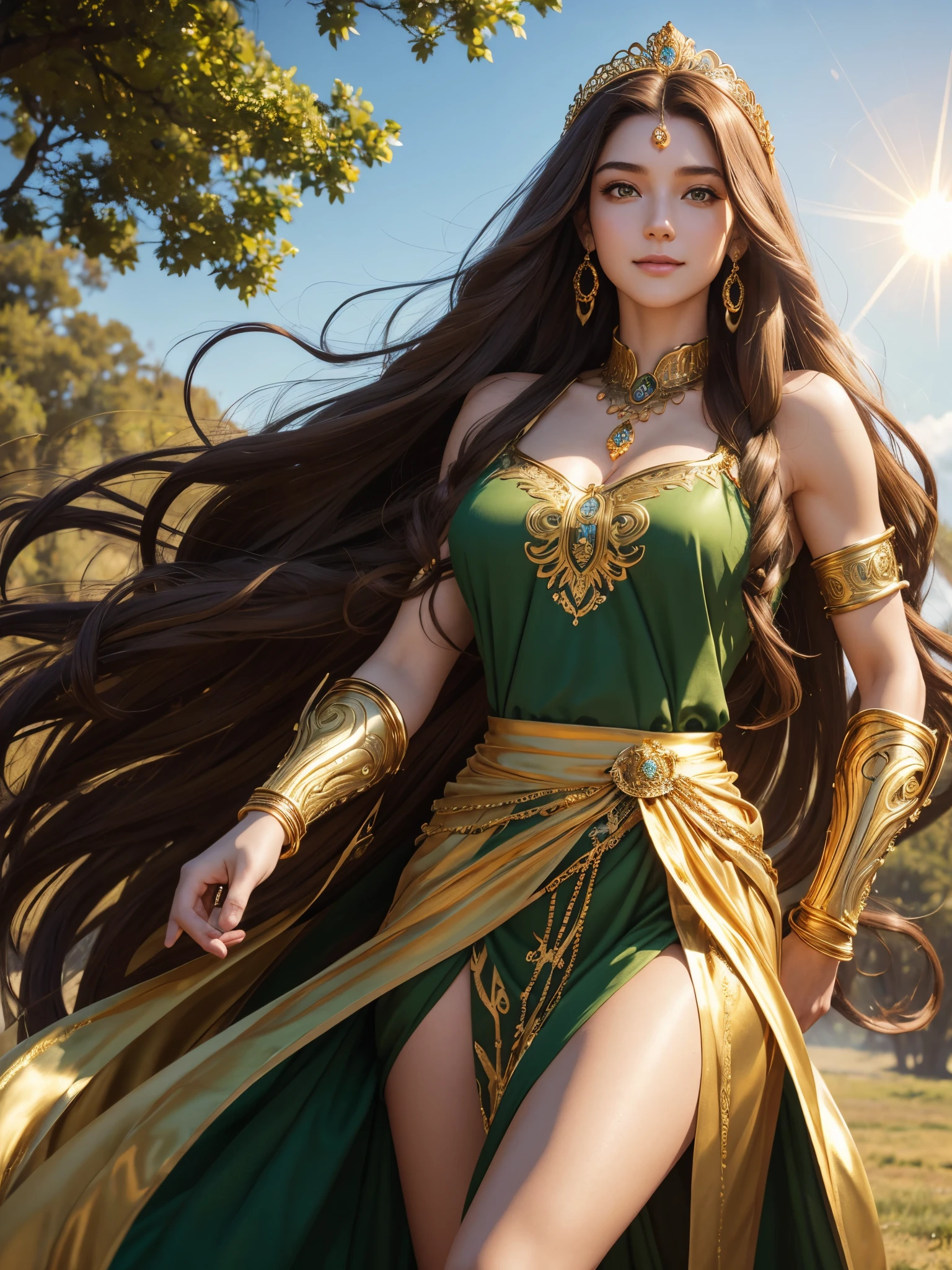 GODDESS WOMAN, HUGE LONG HAIR, BROWN HAIR, PALE SKIN, BROWN EYES, LOVELY FACE EXPRESSION, SHY SMILE, LONG GREEN DRESS, HUGE LONG DRESS, GOLD BRACELETS, GOLD GAUNTLETS, GOLD TIARA, GOLD CHOKE COLAR, ATHLETIC BODY, MUSCLES, FORREST, DAYLIGHT, SUN, WIND EFFECT, MITHOLOGY, ROMANTISM, ACCURATE IMAGE, MASTERPIECE