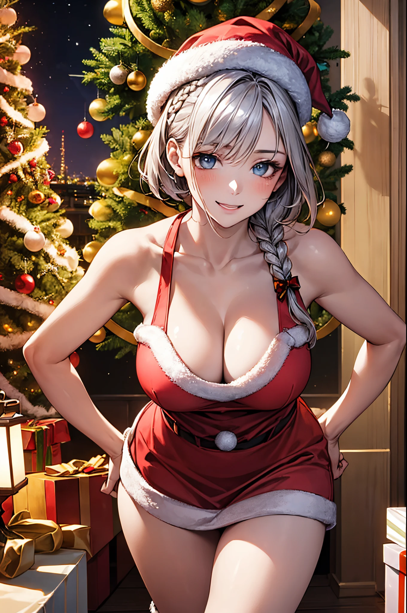 (masterpiece:1.2, top-quality), (realistic, photorealistic:1.4), beautiful illustration, NSFW, looking at viewer, cowboy shot, front view:0.8,
1 girl, japanese, high school girl, beautiful hair, beautiful face, beautiful detailed eyes, (short hair:1.5, twin braid:1.5), silver hair, blue eyes,
beautiful clavicle, beautiful body, beautiful chest, large breasts:0.8, beautiful thighs, beautiful legs, beautiful fingers, bare thighs, (thick thighs, large valleys),
(beautiful scenery), christmas night, indoors, bedroom, (christmas tree:1.3),
((metallic red santa costume, santa style short skirt, santa style tank top, santa style hat, santa style boots)),
(swollen), ((seductive posture:1.2, attractiveness:1.2)),
(erotic, sexy, upper eyes, laugh), shiny skin,
celebration, exquisite details, exciting surprises, shiny ornaments, sparkling tinsel,
anticipation, festive mood, magical ambiance, delightful moment, wonderful memories, christmas magic, extravagant, abundance of presents,
perfect face, cute and symmetrical face, natural side lighting, movie lighting), depth of fields,