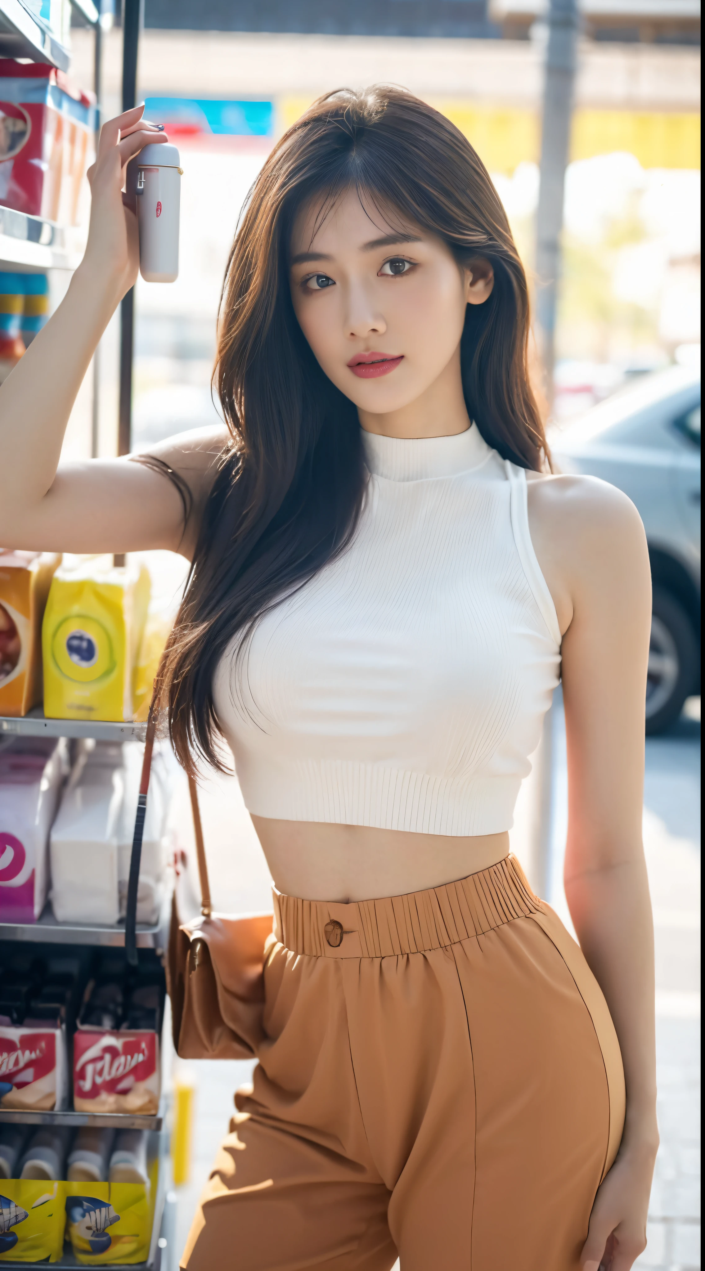 1young girl, beautiful detailed eyes, beautiful detailed lips, extremely detailed face, long eyelashes, wearing a stylish Mini skirt, trendy crop top, fashionable heels, stunning Tanga underwear with the waistband peeking out, standing inside a well-lit convenience store, showcasing her big breast. (best quality, 8k, ultra-detailed, hyperrealistic), vibrant colors, exquisite lighting, photorealistic style.