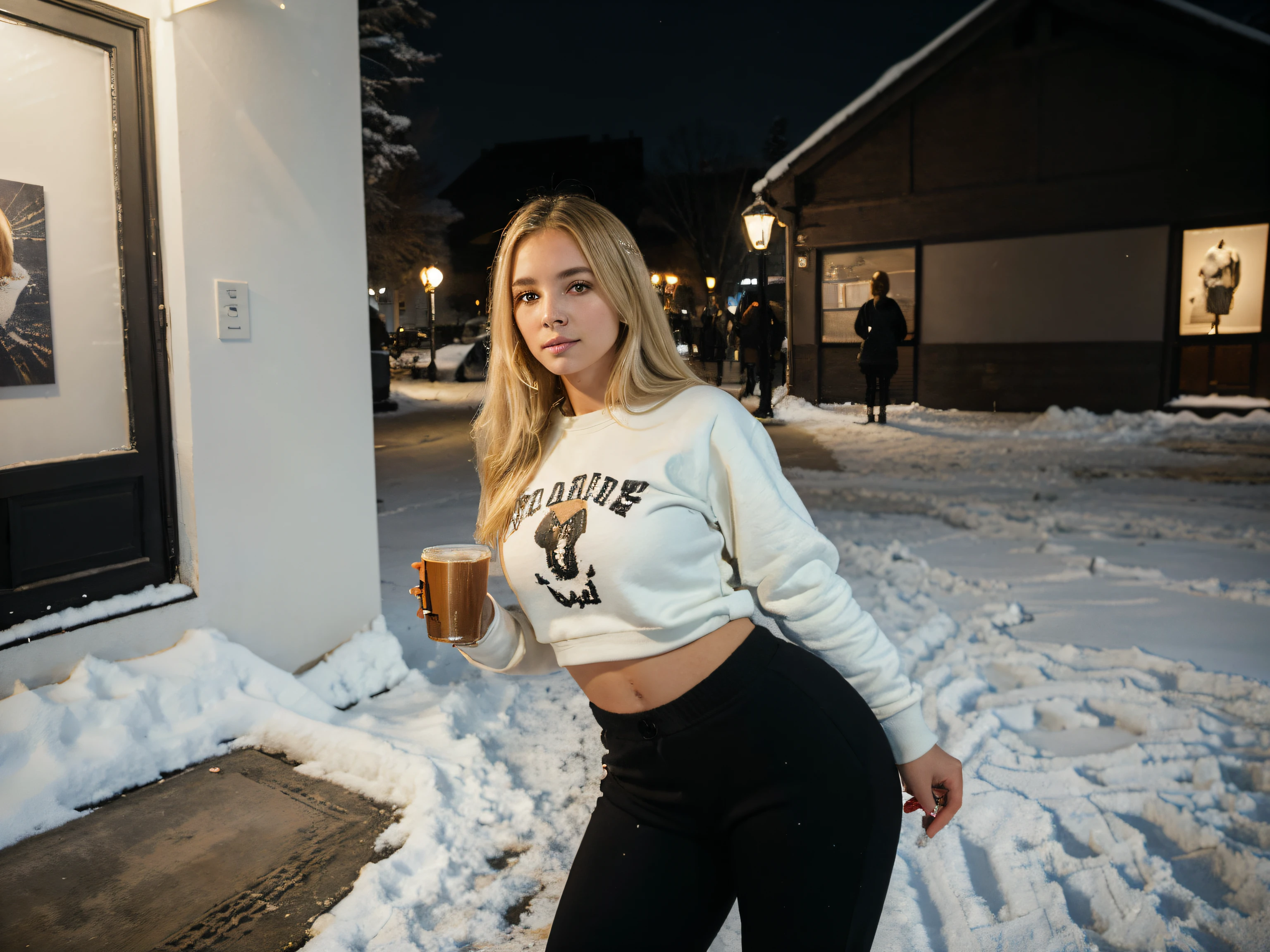 Araffe,26 years old, bright blonde,cute girl in sweatshirt and black pants takes a selfie, in front of the gallery, around the light,no people,shy,winter season,snow,cold,bigger hips,large ass hide,shy,snow,drinking in cup tea.