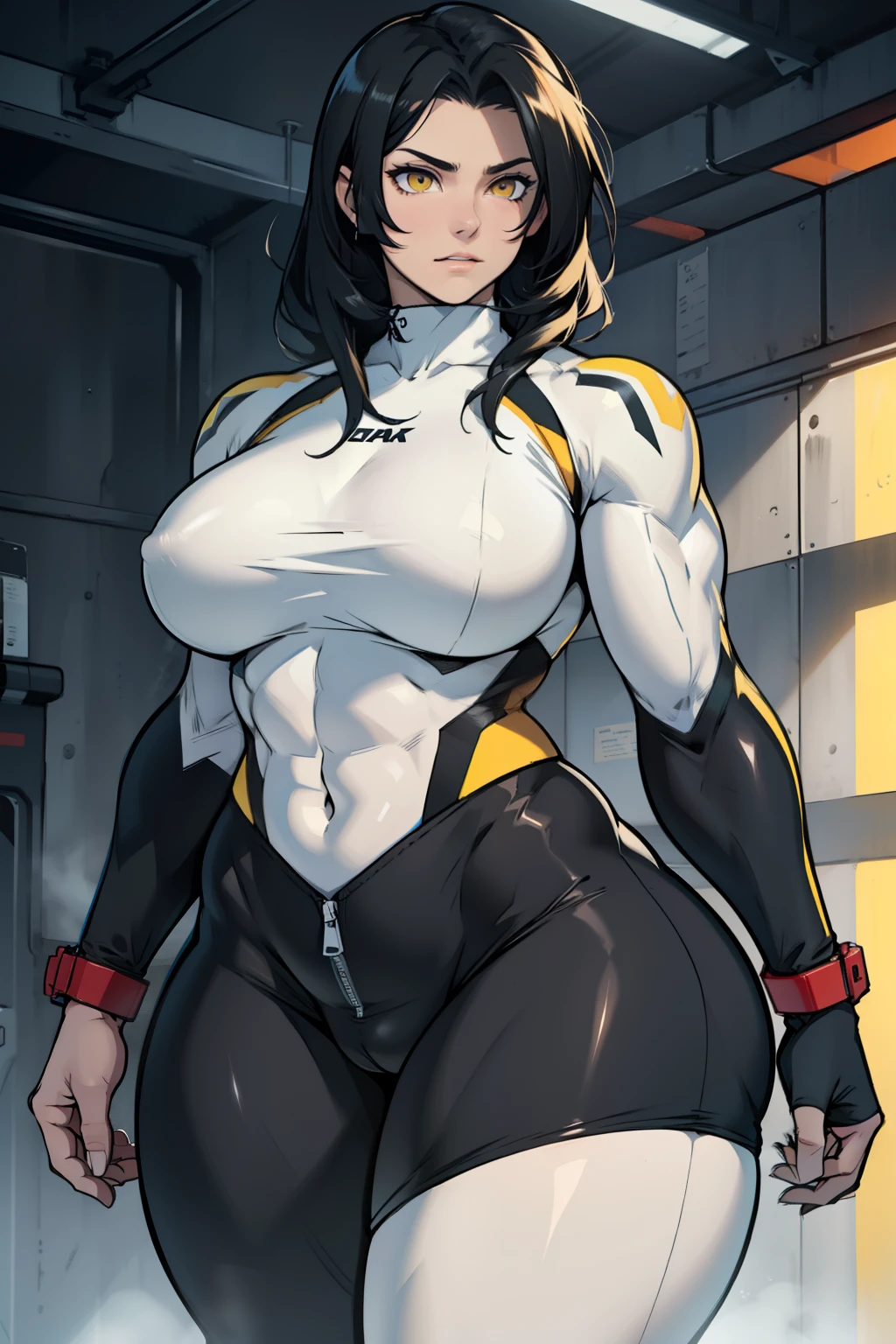 large breasts thin waist wide hips thick thighs muscular toned body curvy muscles thick pale skin black hair yellow eyes expressionless skintight