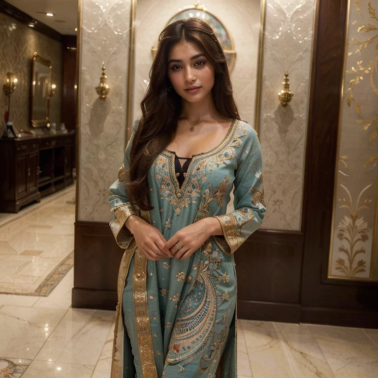 (Best quality, Ultra-detailed, Masterpiece:1.5), Photorealistic photograph of a beautiful pakistani woman at a party. The woman should have a flawless, highly detailed face (Highly Detailed Skin) with soft, luminous skin. Her long hair should be naturally brown and stylishly arranged. (Perfect Eyes:1.2). high budget, ultra resolution, fashionable outfit, unique style, expressive eyes, vibrant smile, confident, charismatic, captivating, full body,