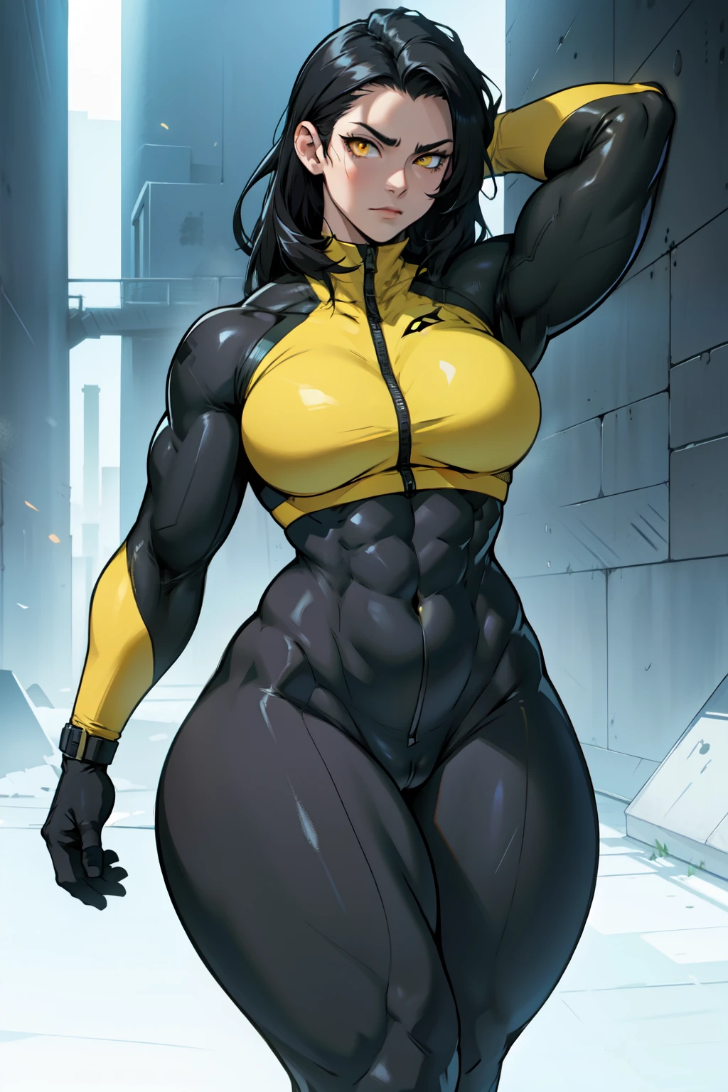 large breasts thin waist wide hips thick thighs muscular toned body curvy muscles thick pale skin black hair yellow eyes expressionless skintight