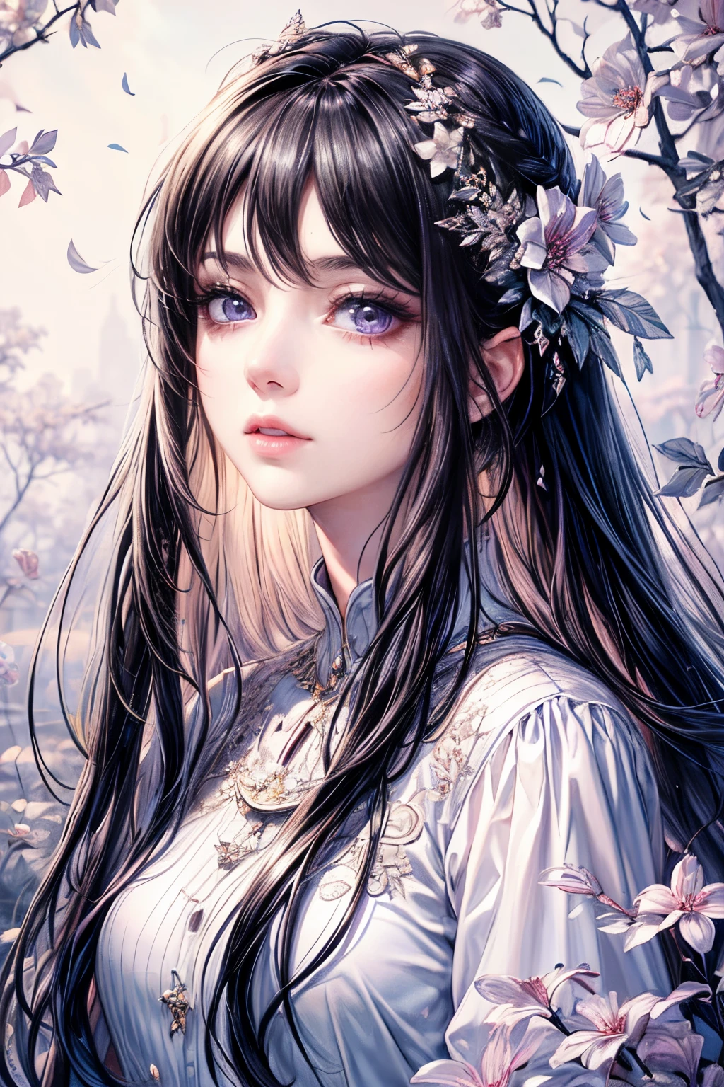 The prompt for the first theme iest quality,8k,CG), detailed upper body, lonely girl, floral forest background, detailed facial features, elegant black long hair, almond-shaped light purple eyes, detailed eye makeup, long fluttering eyelashes, twinkling stars, intricate lip details, soft and harmonious style."