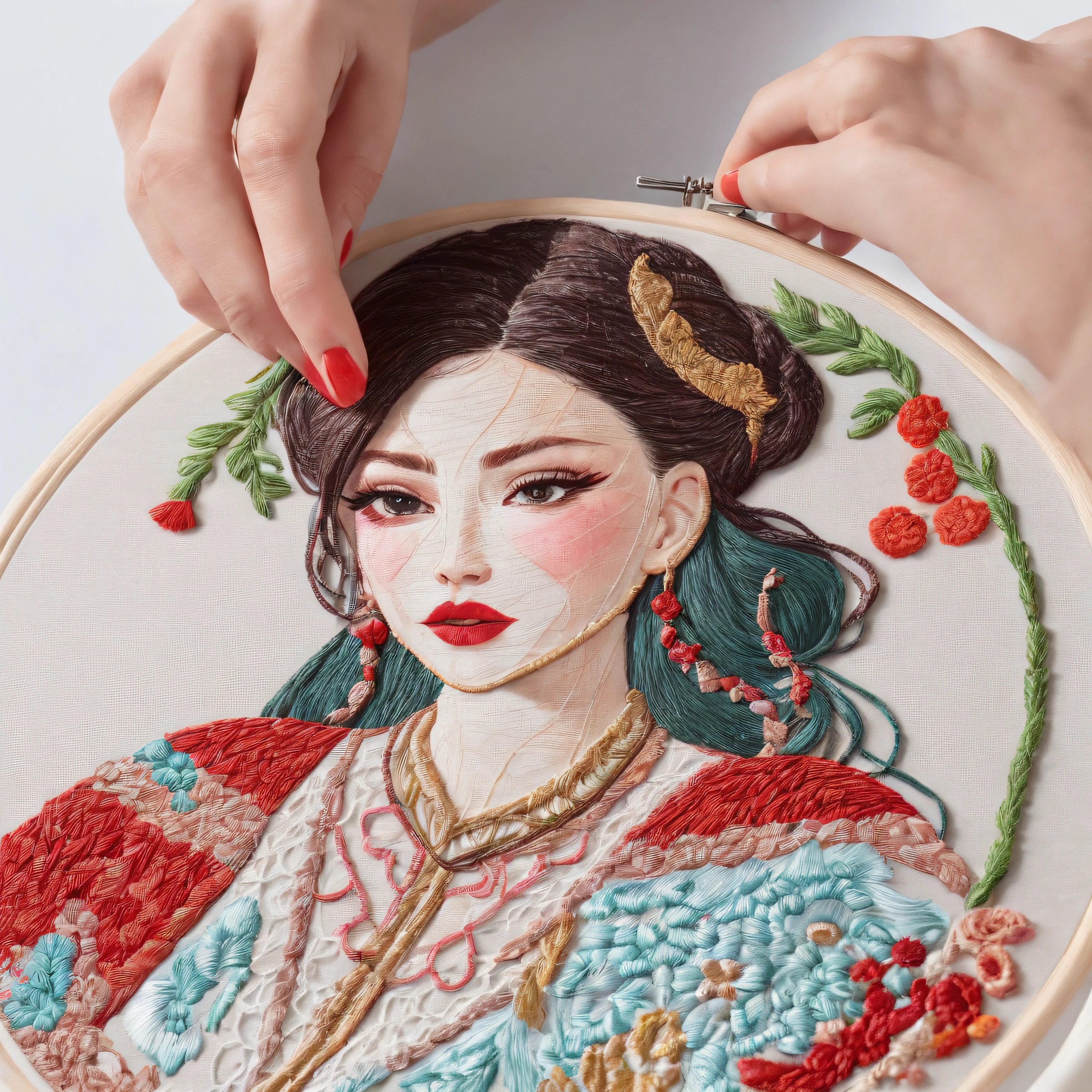 best composition、(A beautiful woman wearing ethnic costumes、Thread thick embroidery thread through the needle、By embroidering a picture of a beautiful girl according to a sketch、A picture of a beautiful girl is embroidered on a round embroidery frame.。.)、masutepiece