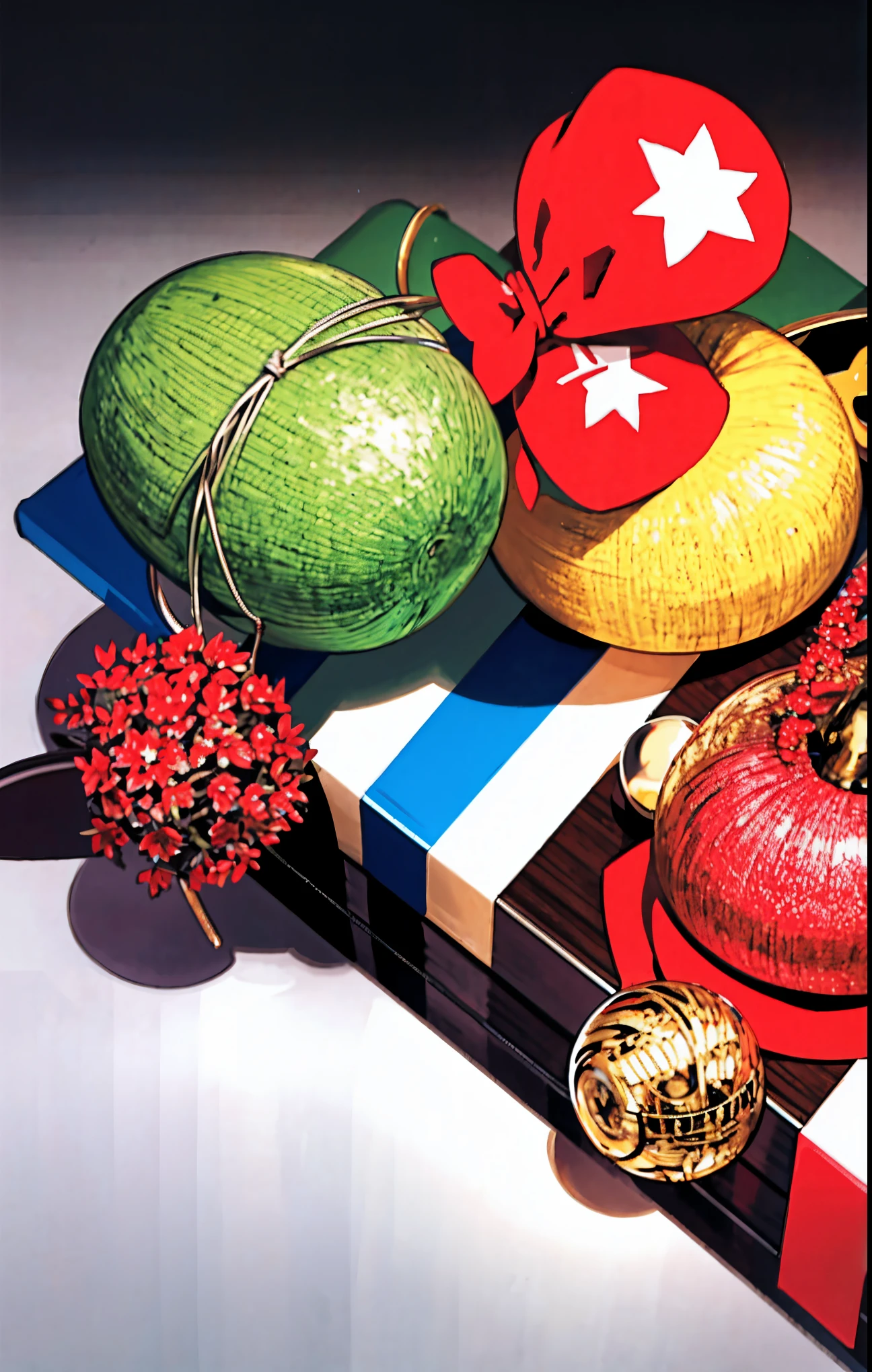 (best quality,4k,8k,highres,masterpiece:1.2),ultra-detailed,realistic,gifts,table,Christmas tree,decorations,wrapping ,bows,ribbon,presents,holiday spirit,vibrant colors,warm lighting,cozy atmosphere,toys,cards,candles,snowflakes,joyful,celebration,exquisite details,exciting surprises,shiny ornaments,sparkling tinsel,beautifully wrapped,excited children,anticipation,festive mood,magical ambiance,delightful moment,wonderful memories,family gathering,cheerful faces,Christmas magic,extravagant,abundance of presents,HDR,UHD,studio lighting,ultra-fine painting,sharp focus,physically-based rendering,professional,vivid colors,bokeh.