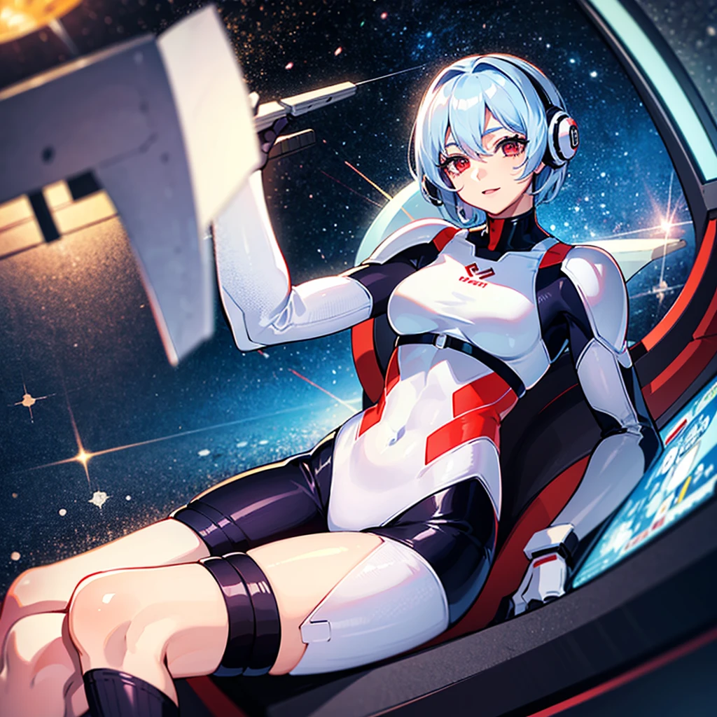 (((masterpiece)))、(((Top image quality)))、(((top-quality)))、((Illustration of one girl))、(((Muscle Girl)))、(((blue silver short hair)))、Red eyes、((Tall))、(((Muscular and strong body)))、((abdominals))、((muscular and thick arms))、((muscular and thick legs))、(stocky build)、(muscular legs)、(broad shoulders)、((manspreading))、(((White pilot suit)))、((Sitting in the cockpit))、(The Universe on the Monitor、Earth seen from space、Spaceport)