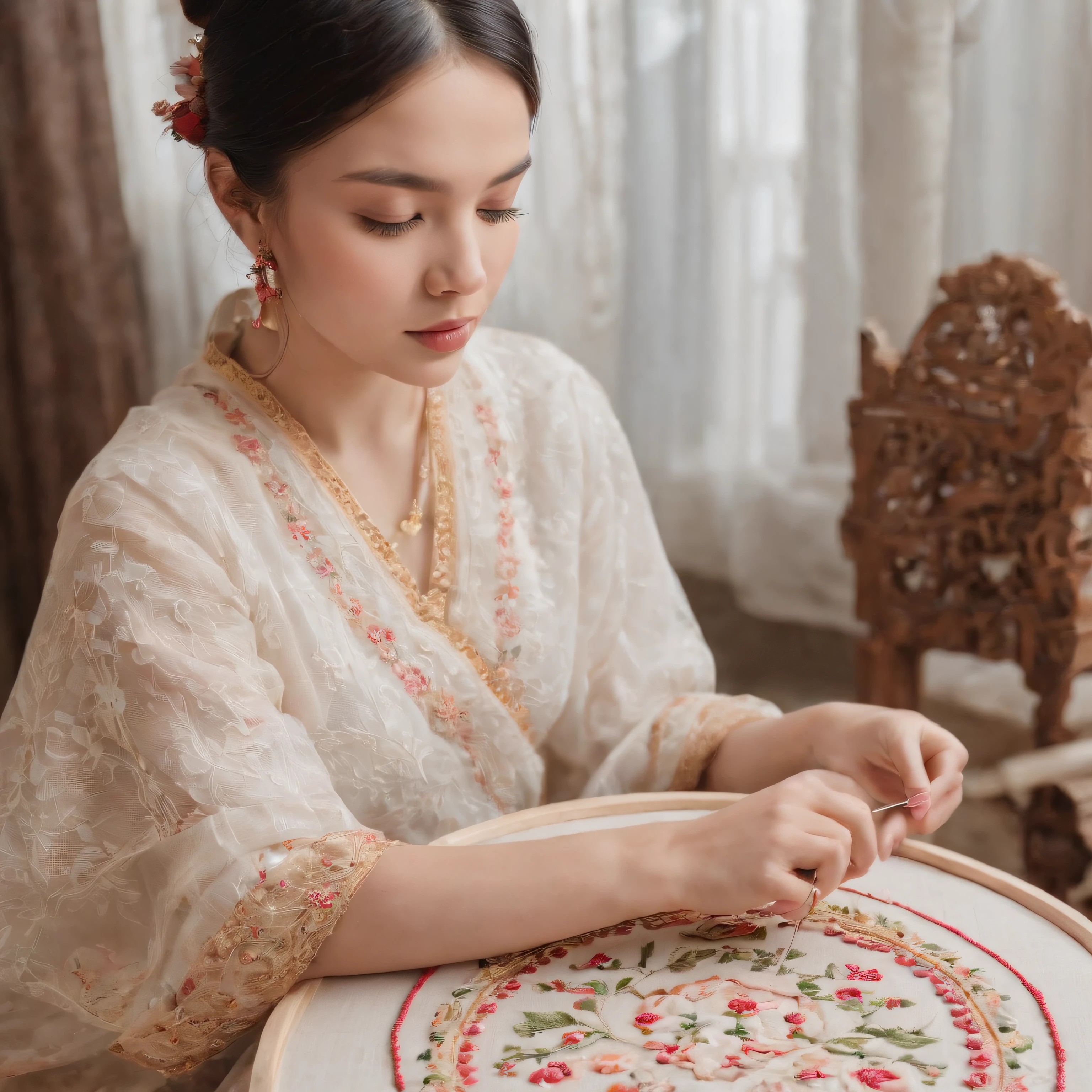 best composition、(A beautiful woman wearing ethnic costumes、Thread thick embroidery thread through the needle、By embroidering a picture of a beautiful girl according to a sketch、A picture of a beautiful girl is embroidered on a round embroidery frame.。.)、masutepiece