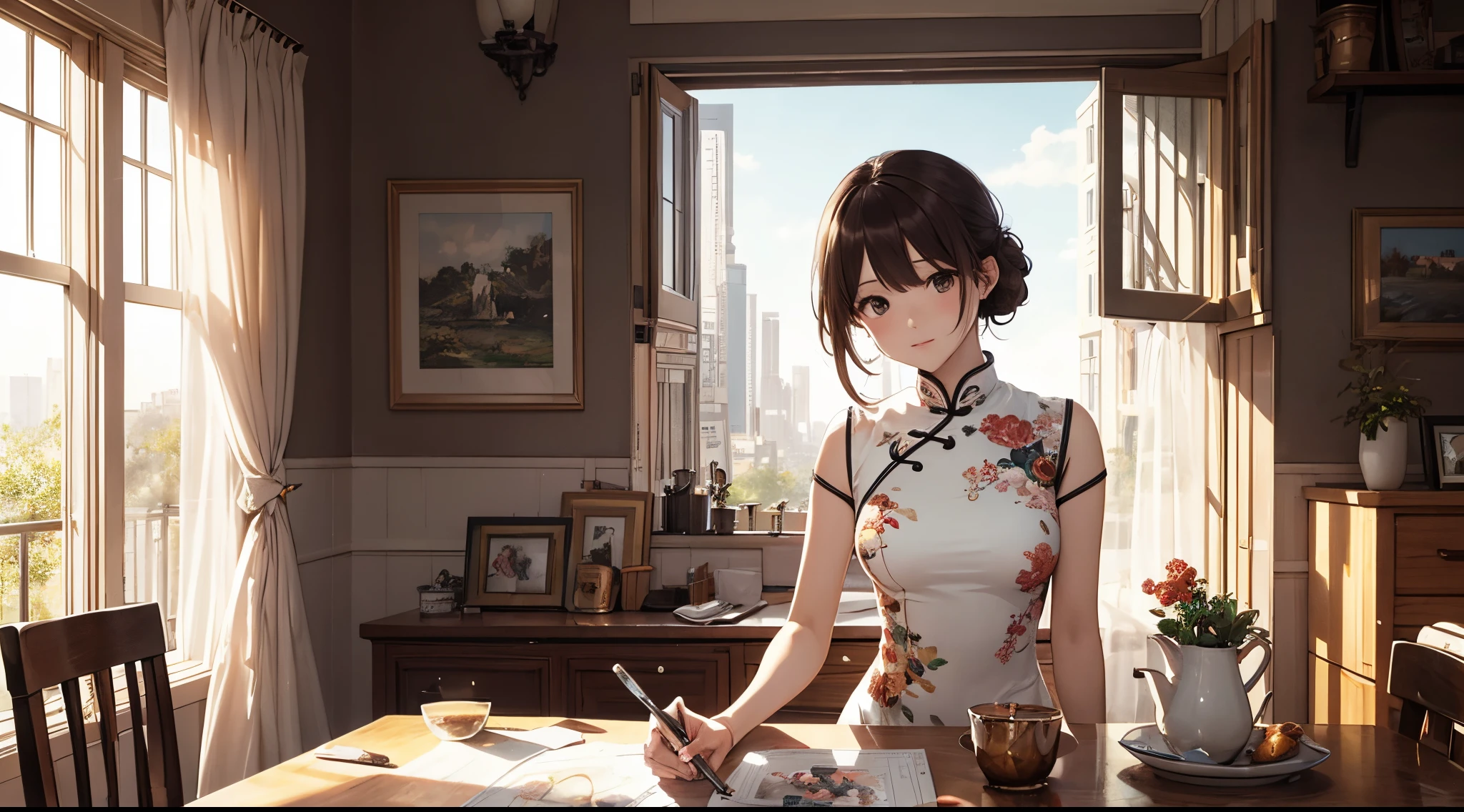 Illustration design, The characters are delicate, window, form, Brown hair, largeeyes, Long cheongsam