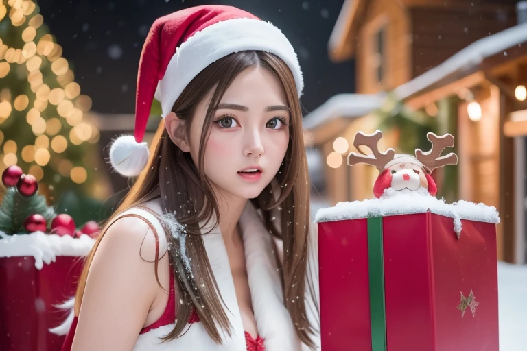 (zydG),nffsw:1.2,(hyper realisitic:1.50),(Realistic:1.4),Best Quality,masutepiece, 超A high resolution (Photorealistic: 1.4),3 sisters,23-year-old woman,BREAK light brown hair,loose hairstyle,Long hair down to the waist,((BREAK Santa Claus Costume)),(BREAK Stuffed reindeer),(BREAK Furano background covered with snow,snowfall,snow cover,deep in the night:1.10)),natural make up,Blushing Shiny Skin Cheeks,with round face,Big eyes,drooing eyes,Zoom face,Merry Christmas