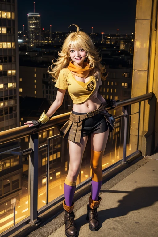(masterpiece, best quality:1.2), solo, 1girl, yang xiao long, grin, ahoge, purple eyes, yellow t-shirt, black skirt, pantyhose, boots, black fingerless gloves, orange scarf, midriff, cleavage, large breasts, standing on balcony, cityscape background