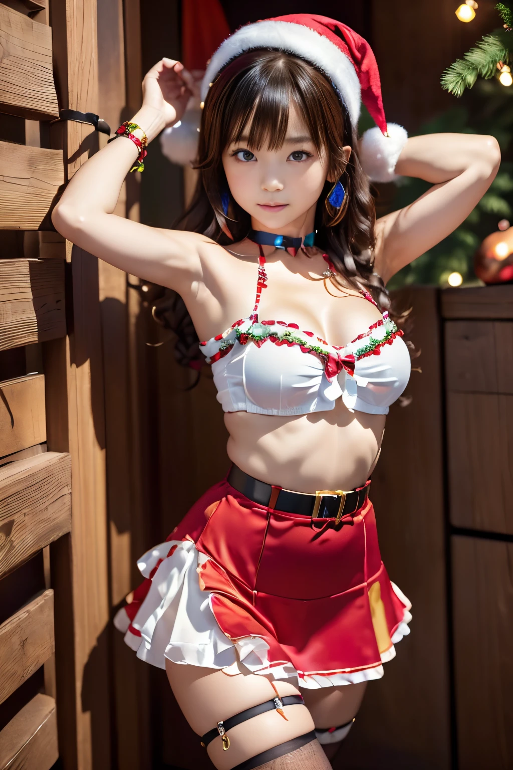 (surrealism, Modern, depth of fields, Cinematic lighting, Glowing light, drop shadow, multiple views, nffsw, masutepiece, Super Detail, supreme, 8K, hyper realist, Extremely detailed, Best Quality, high detailing, Ultra High Resolution, Realistic, Raw photography). ( s). (black curly hairstyle). (二重まぶた). (lightsmile). (Solo). (Pose freely), (Christmas Backgrounds, Oyuki). (colorful christmas costumes, colorful christmas costumes), (tube top high cut, mini short skirt). ((Lifted skirt, Show panties, Show below, Exposing the armpits)). ((colorful christmas caps, ribbon bracelet on arm, thigh ribbon bracelet, Choker, garters)). ((Cowboy Shot Full Body)).