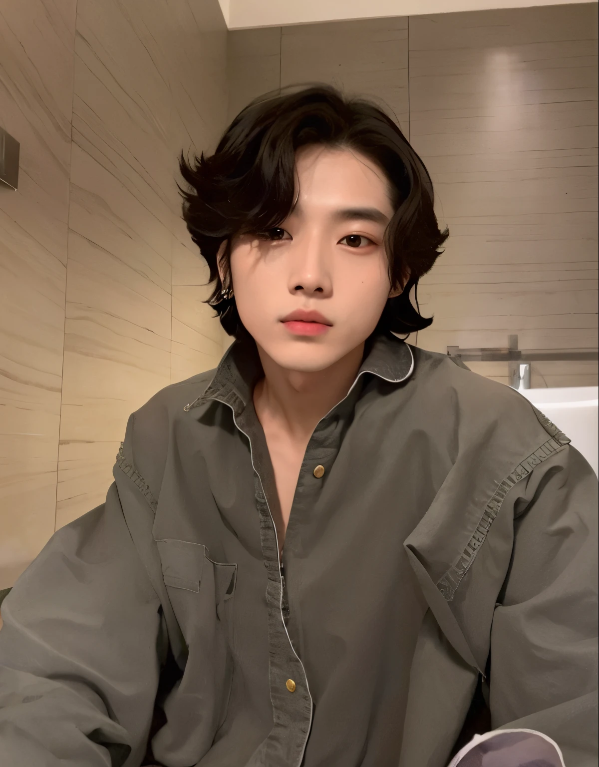 there is a woman sitting in a bathroom with a pair of sunglasses, Cai Xukun, Jinyoung Canela, Jungkook, com cabelos curtos, Hyung Tae, ele tem cabelos castanhos curtos e cacheados, TaeJune Kim, Yanjun Chengt, Ulzzang macho, delicate androgynous prince, Jovem Anjo Wan, Beautiful androgynous prince, Estilo de Kentaro Miura!!!!