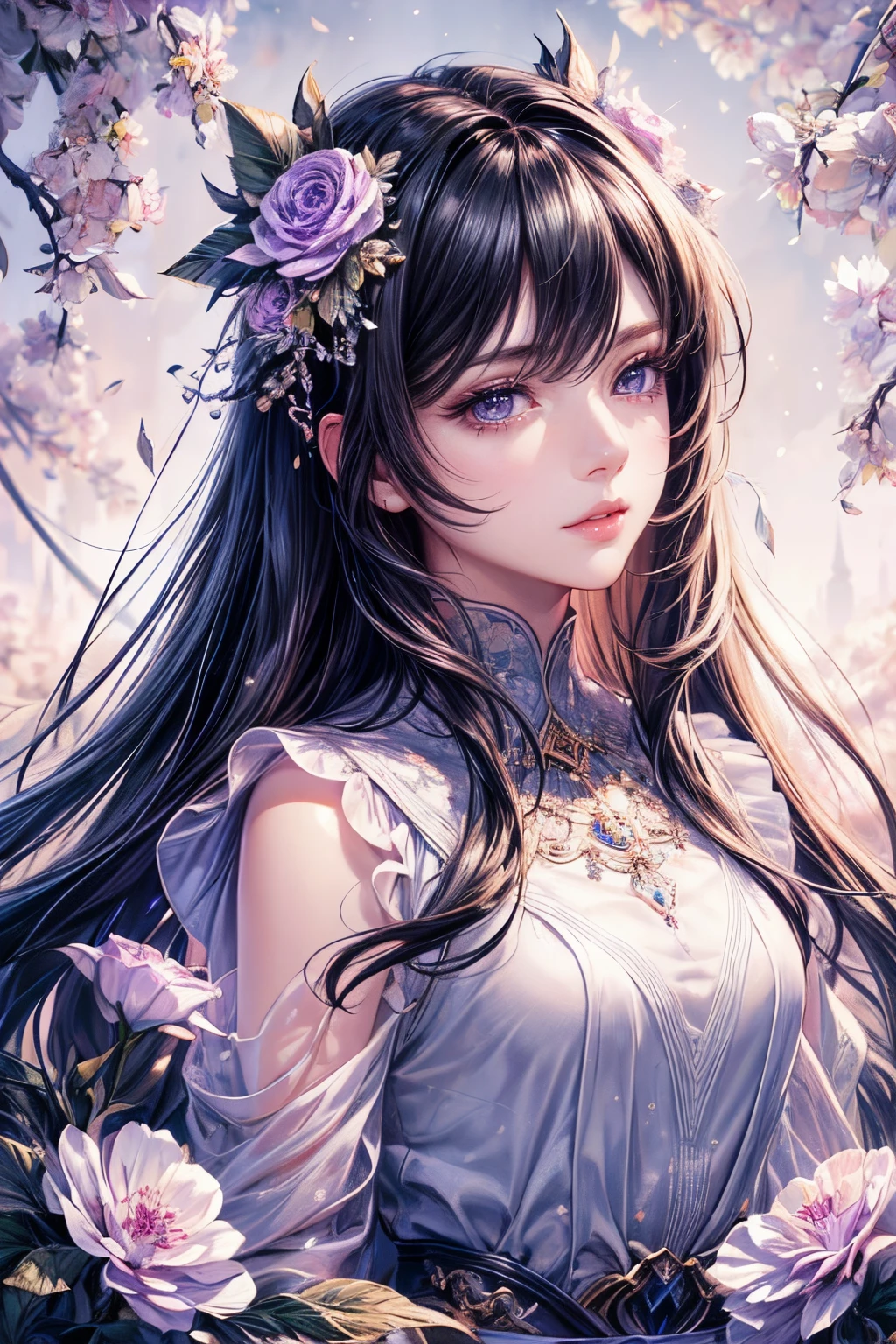 (best quality,8K,CG),detailed upper body,lonely girl,floral forest background,detailed facial features,elegant black long hair,almond-shaped light purple eyes,detailed eye makeup,long fluttery eyelashes,glittering stars,complex lip details,soft and harmonious style.