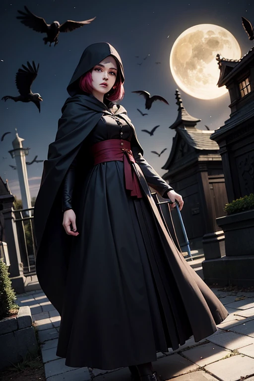Best quality at best, shinigami,Black cloak,scythe,burial site,cawing ravens,eventide,black cats,red - eyed