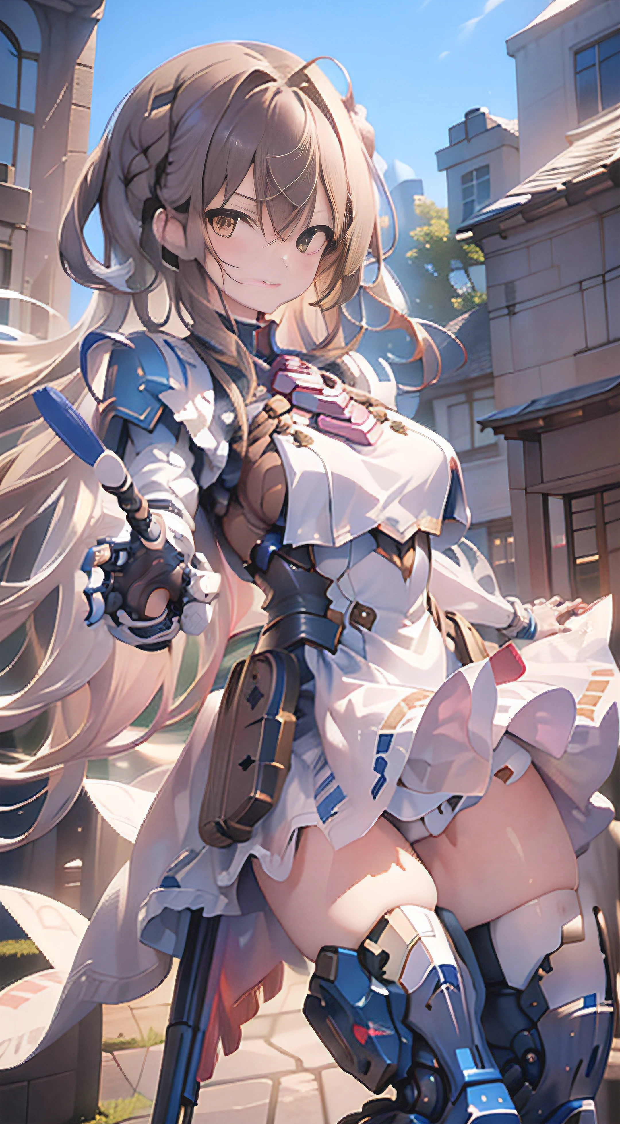 top-quality、Top image quality、masterpiece、Mecha Girl((18year old、arm and leg armor、Robot joints,(Thighs are bare skin),Bust 85、Brown hair、close to viewer、gazing at viewer、Chest energy、Breasts wide open,Reaching out、Brown eyes、A shy smile、Dye cheeks))hiquality、depth of fields、Depth、(Overexposed)、natta、((Have a gun))、