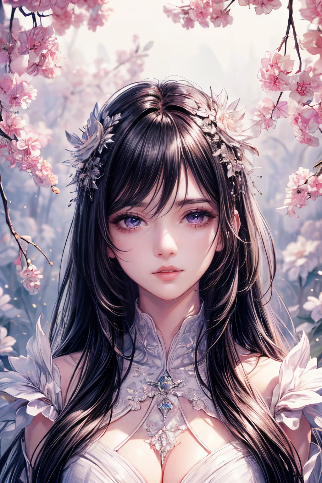 (best quality,8K,CG),detailed upper body,lonely girl,floral forest background,detailed facial features,elegant black long hair,almond-shaped light purple eyes,detailed eye makeup,long fluttery eyelashes,glittering stars,complex lip details,soft and harmonious style.