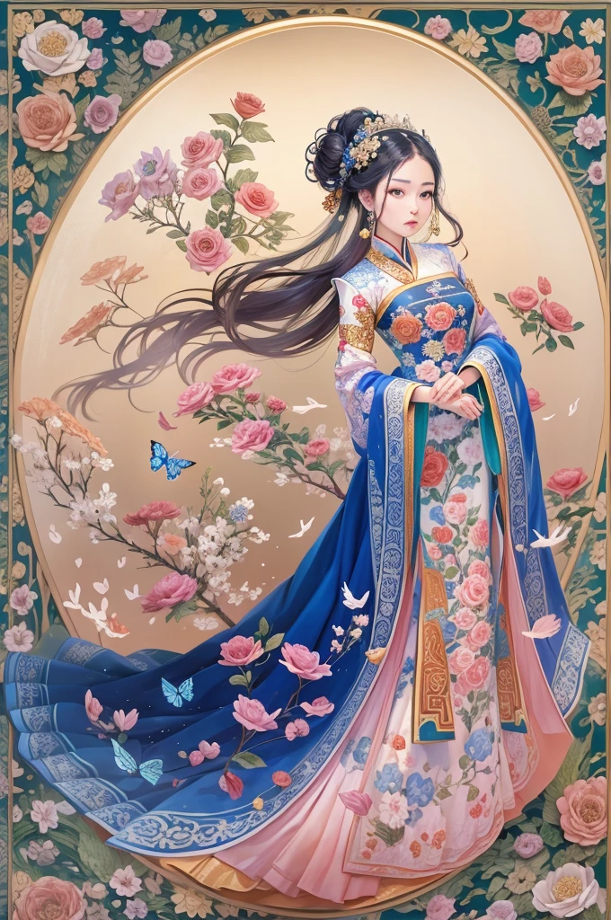 (Princess Ruixiang)、Portrait close-up、embroidery、Richly detailed embroidery、Exquisite lines、pure silk material、Gorgeous patterns and patterns、Delicate needlework、Carefully embroidered flowers、Chinese traditional embroidery techniques、Stunning color combinations、Gorgeous royal blue and gold tones、Sparkling décor,incorporating natural elements such as butterflies and birds,The background is an exquisite palace scene,Soft and soft lighting,Bright and lively atmosphere,Extraordinary level of reality,A high resolution,Studio lighting with subtle shadows,Perfectly aligned seameticulous attention to detail。(best quality,4k,8k,highres,masterpiece:1.2),ultra-detailed,(realistic,photorealistic,photo-realistic:1.37)