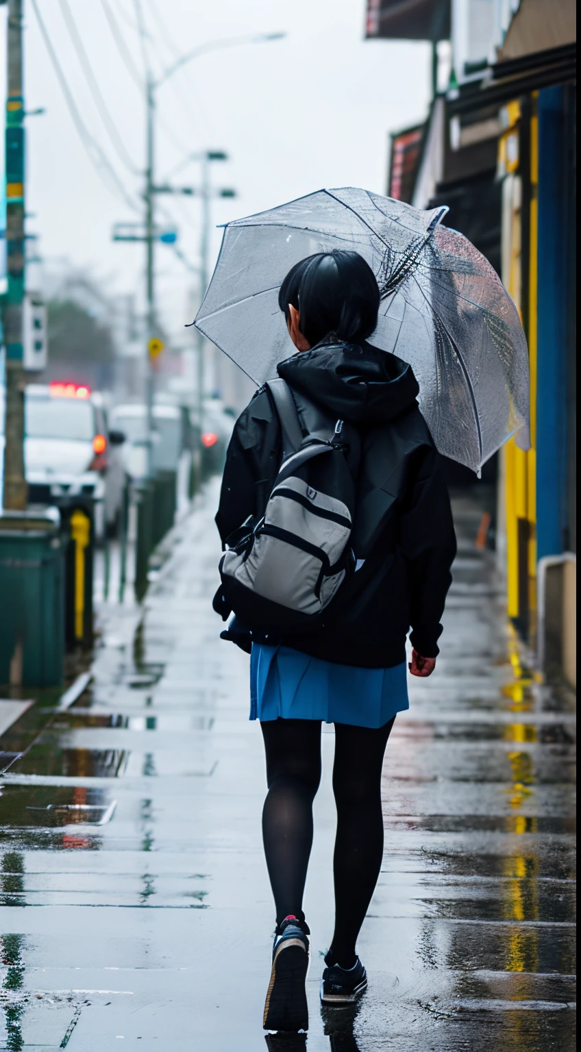 A student is walking home on a rainy day