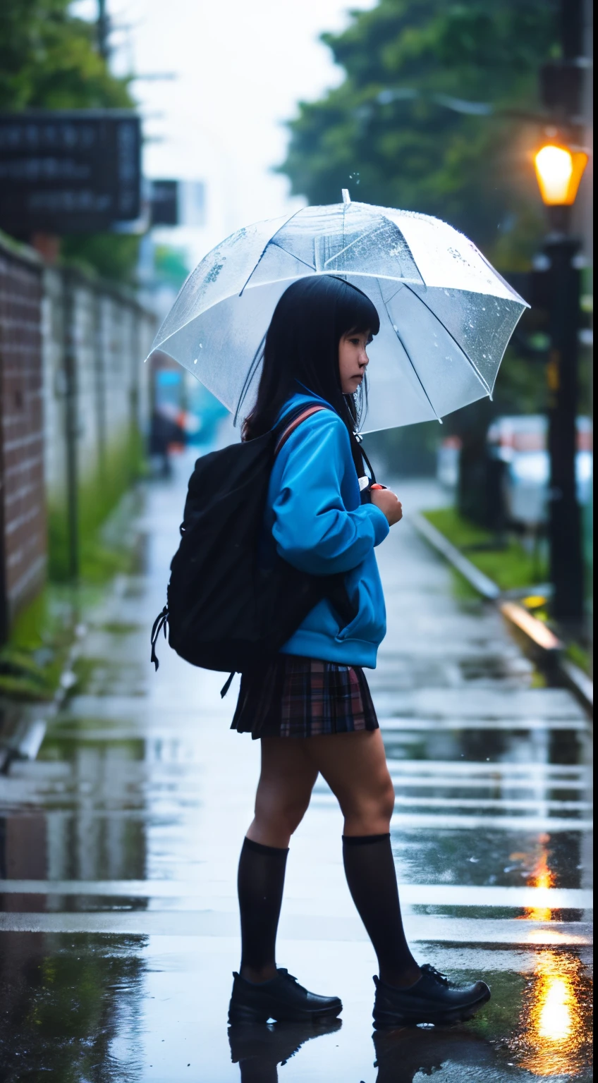 a girl walking home from school on a pluiey day, Tenir un parapluie, grenouilles, escargots, pluie, flaques d&#39;eau, chaussée mouillée, ciel couvert, couleurs sourdes, Éclairage naturel, Caractéristiques détaillées du visage, photoréaliste, Ultra-détaillé, 8k, Hyper réaliste, palette chaleureuse, mise au point douce, profondeur de champ